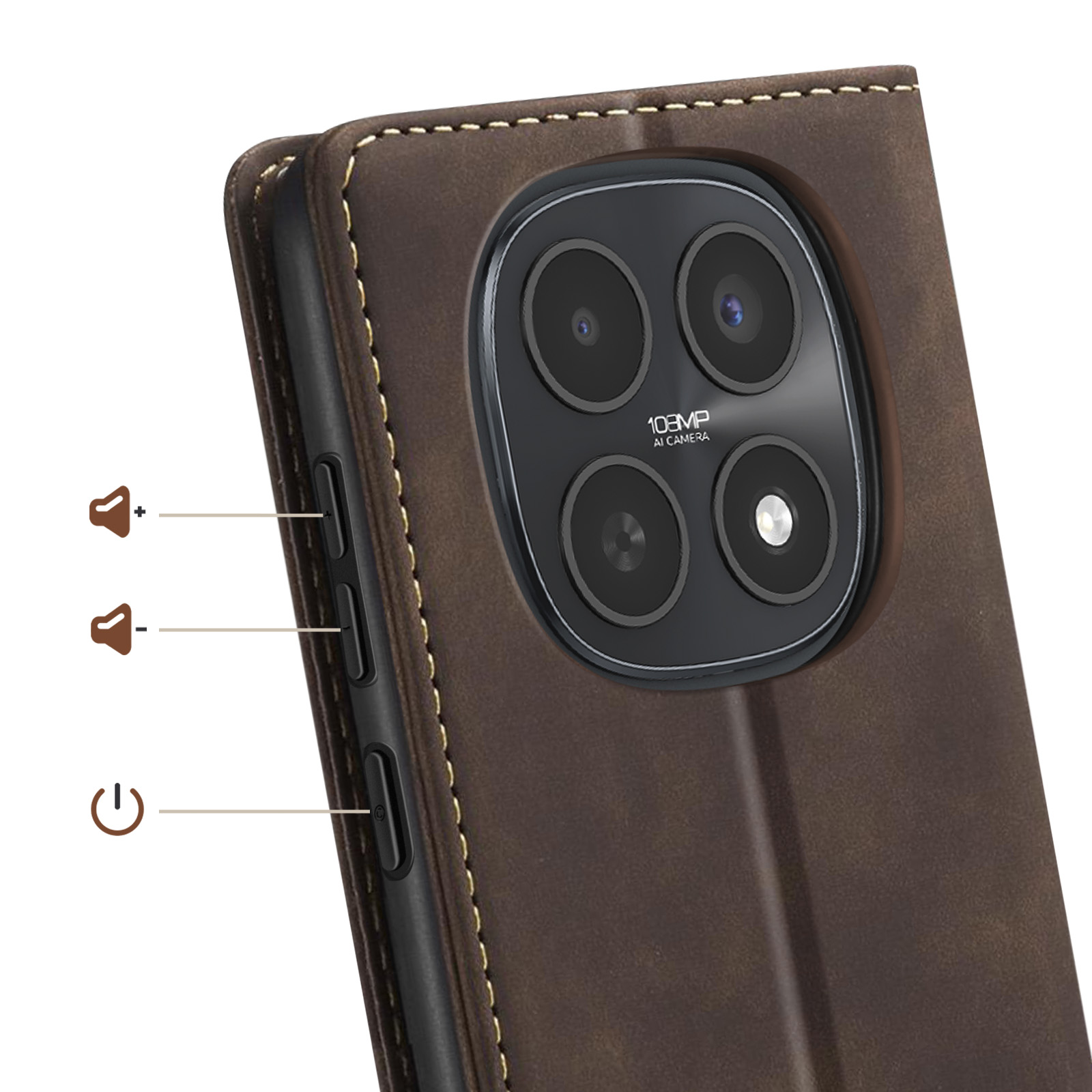 Custodia in pelle marrone per telefono con fotocamera da 108MP e pulsanti volume.