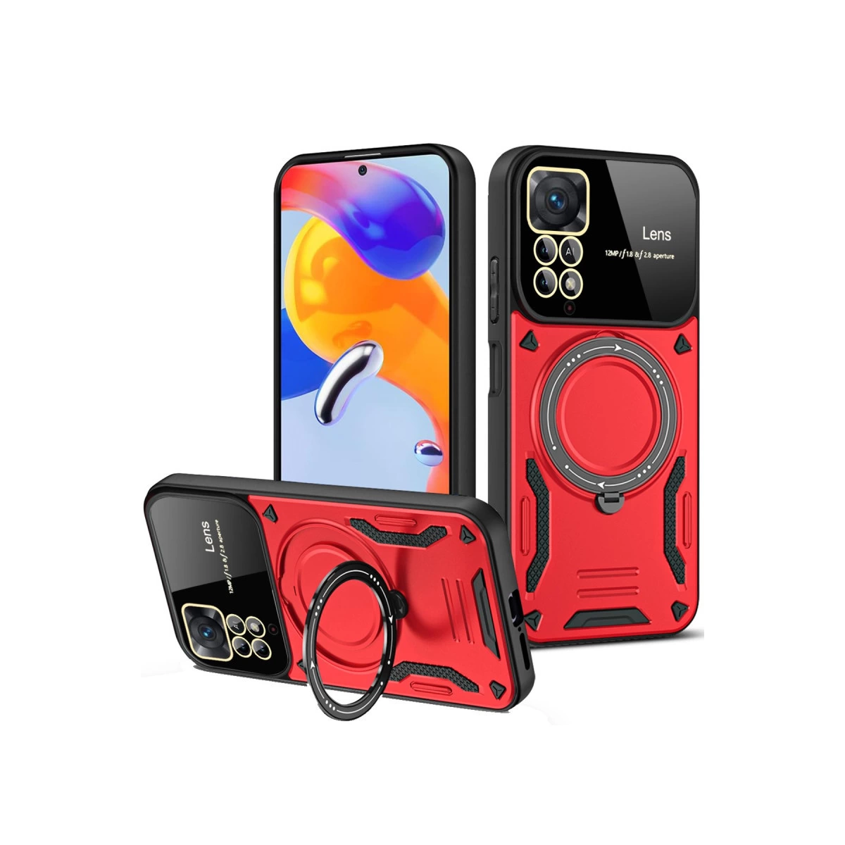 Kamera halka tutuculu kırmızı telefon kılıfı ve arkada telefon.