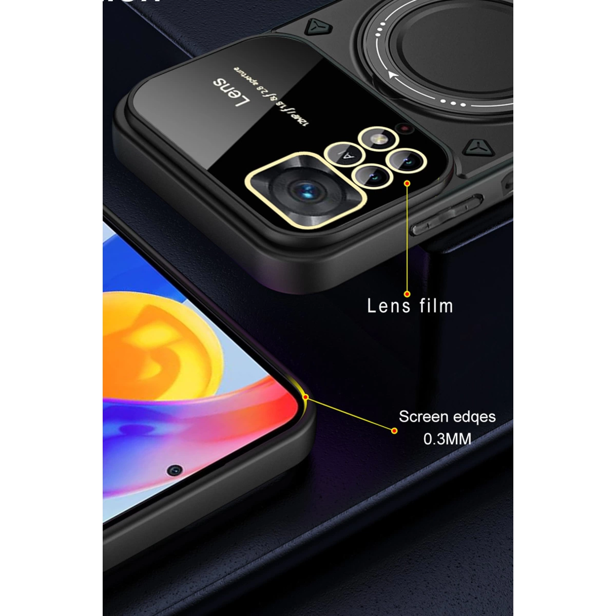 Kamera modülü ve 0.3MM ekran kenarı olan siyah telefon kılıfı.