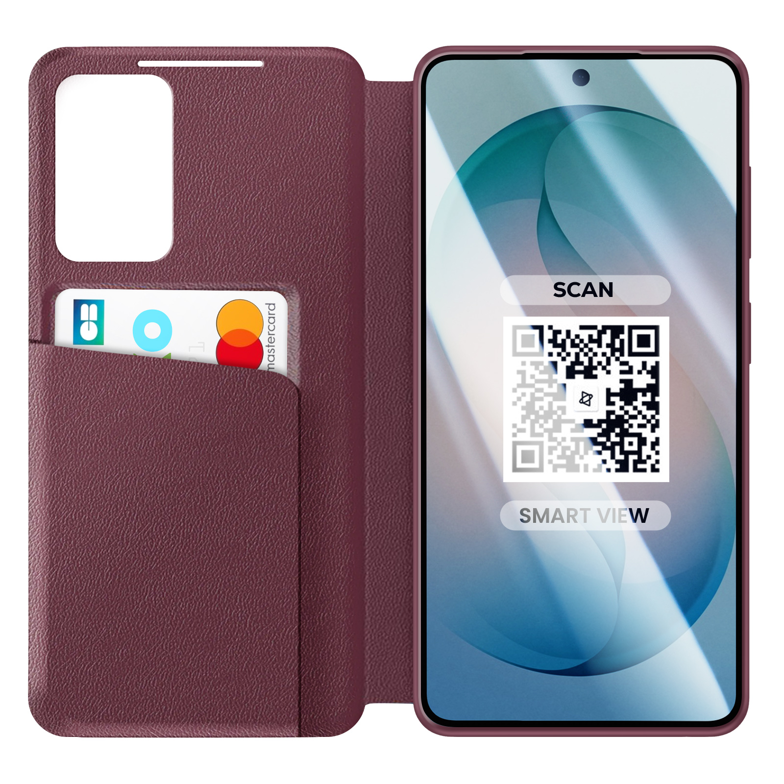 Una custodia per telefono rosso scuro con slot per carte e un telefono che mostra un codice QR.