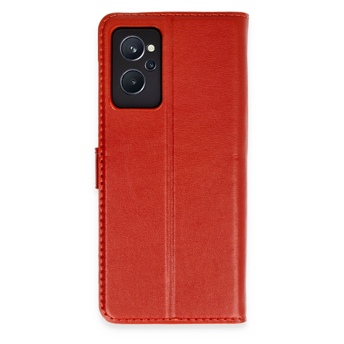 Kamera modülü ve dikişli kırmızı deri telefon kılıfı.