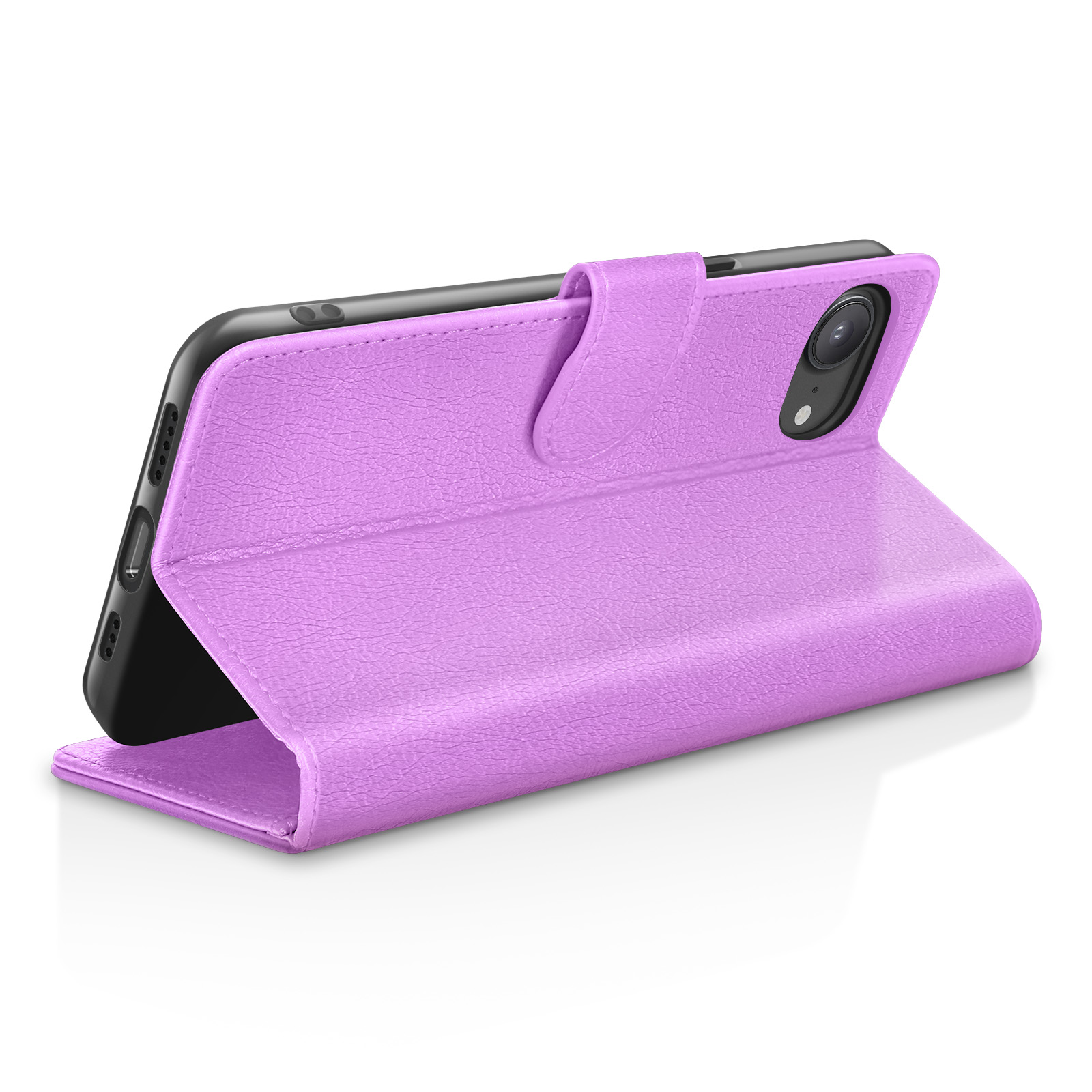 Paars telefoonhoesje open, met telefoon erin.