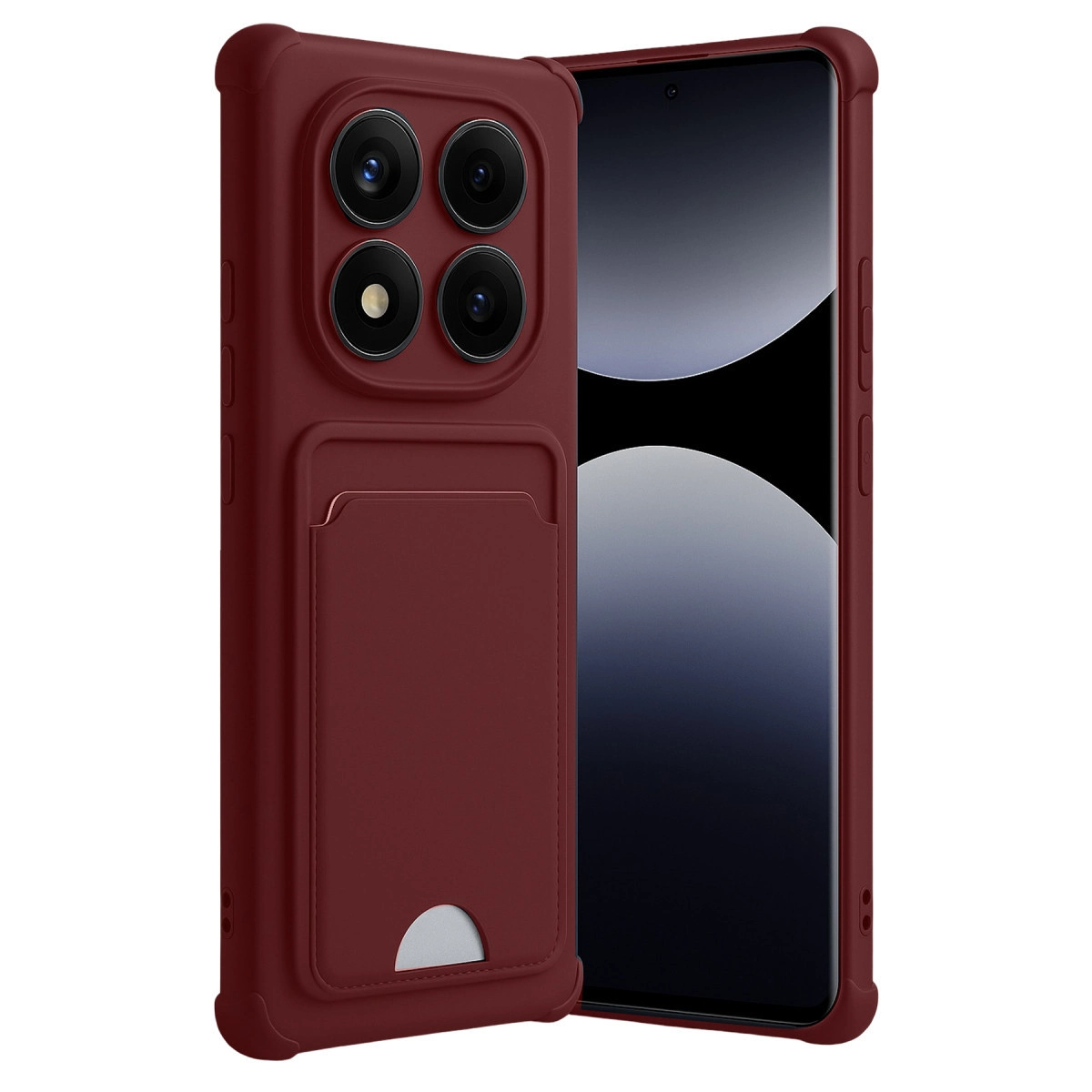 Dört kameralı ve kart yuvalı bordo telefon kılıfı, akıllı telefonun yanında.