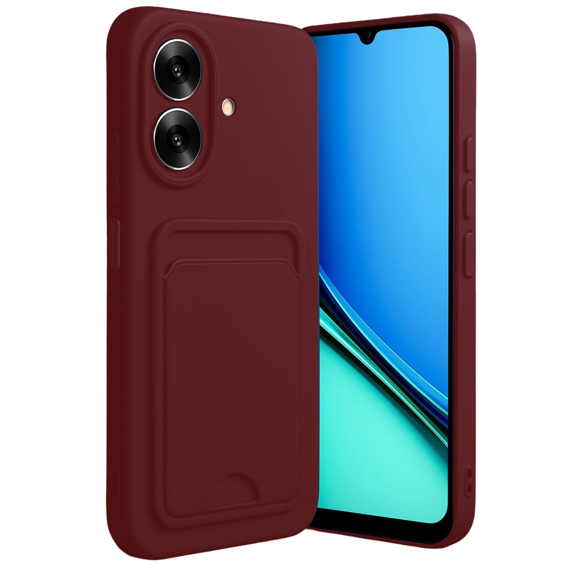 Mavi ekranlı bir akıllı telefonun yanında kart yuvalı bordo telefon kılıfı.