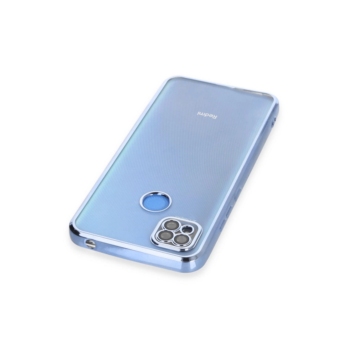Kamera kesimli ve parmak izi sensörlü açık mavi telefon kılıfı.