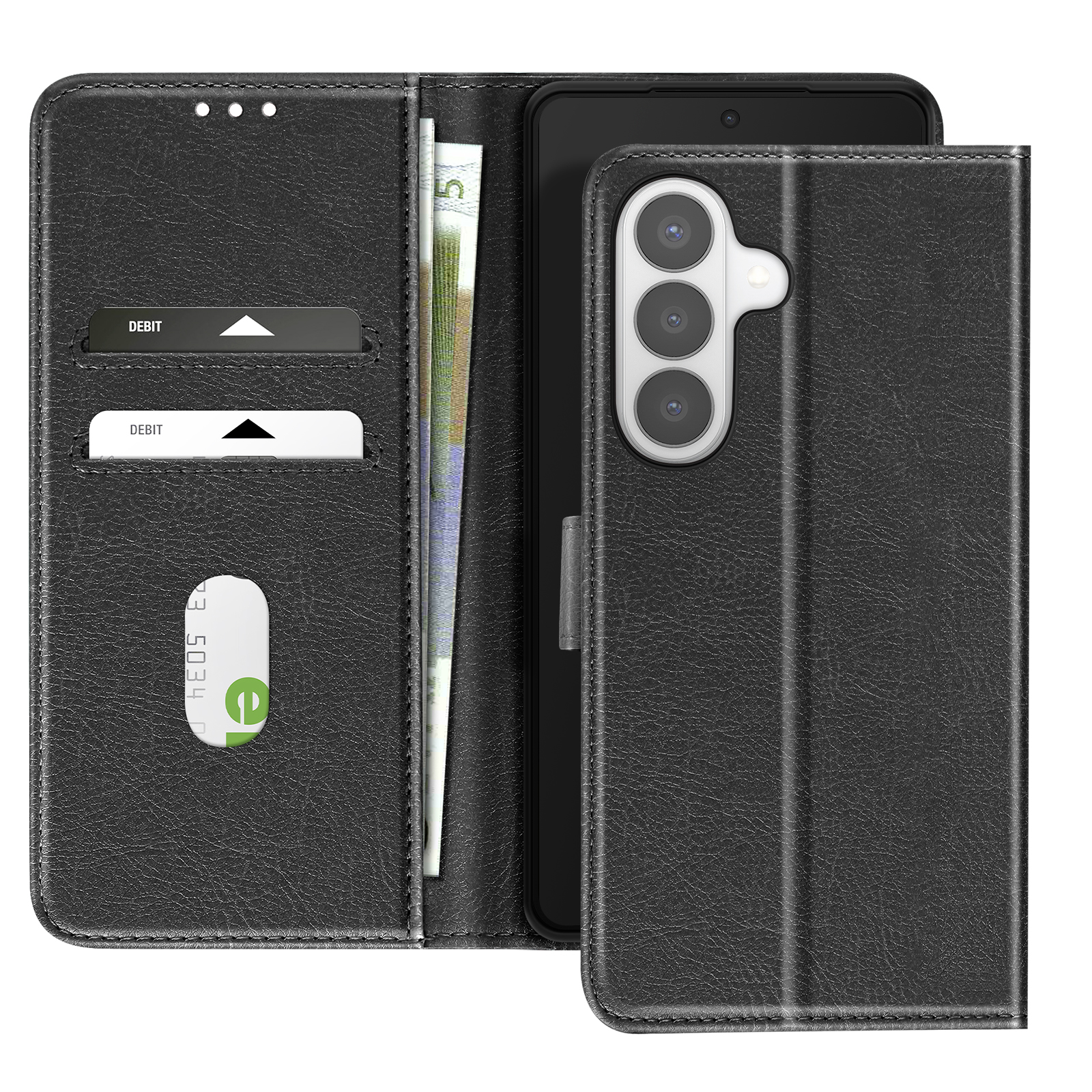 Custodia a portafoglio in pelle nera con porta banconote, porta carte e telefono.