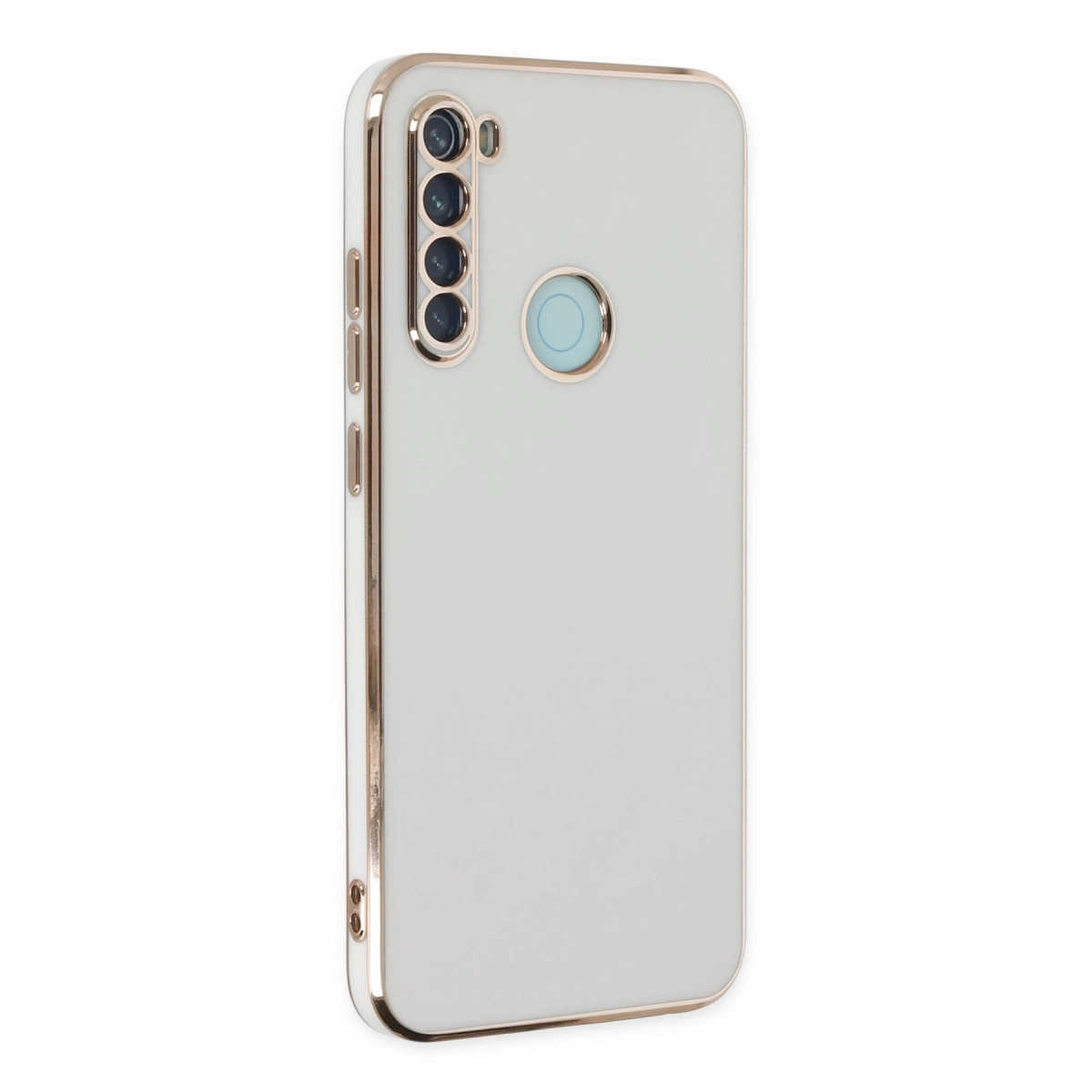 Dört kameralı ve parmak izi sensörlü gri telefon kılıfı. Altın rengi kenarlık.