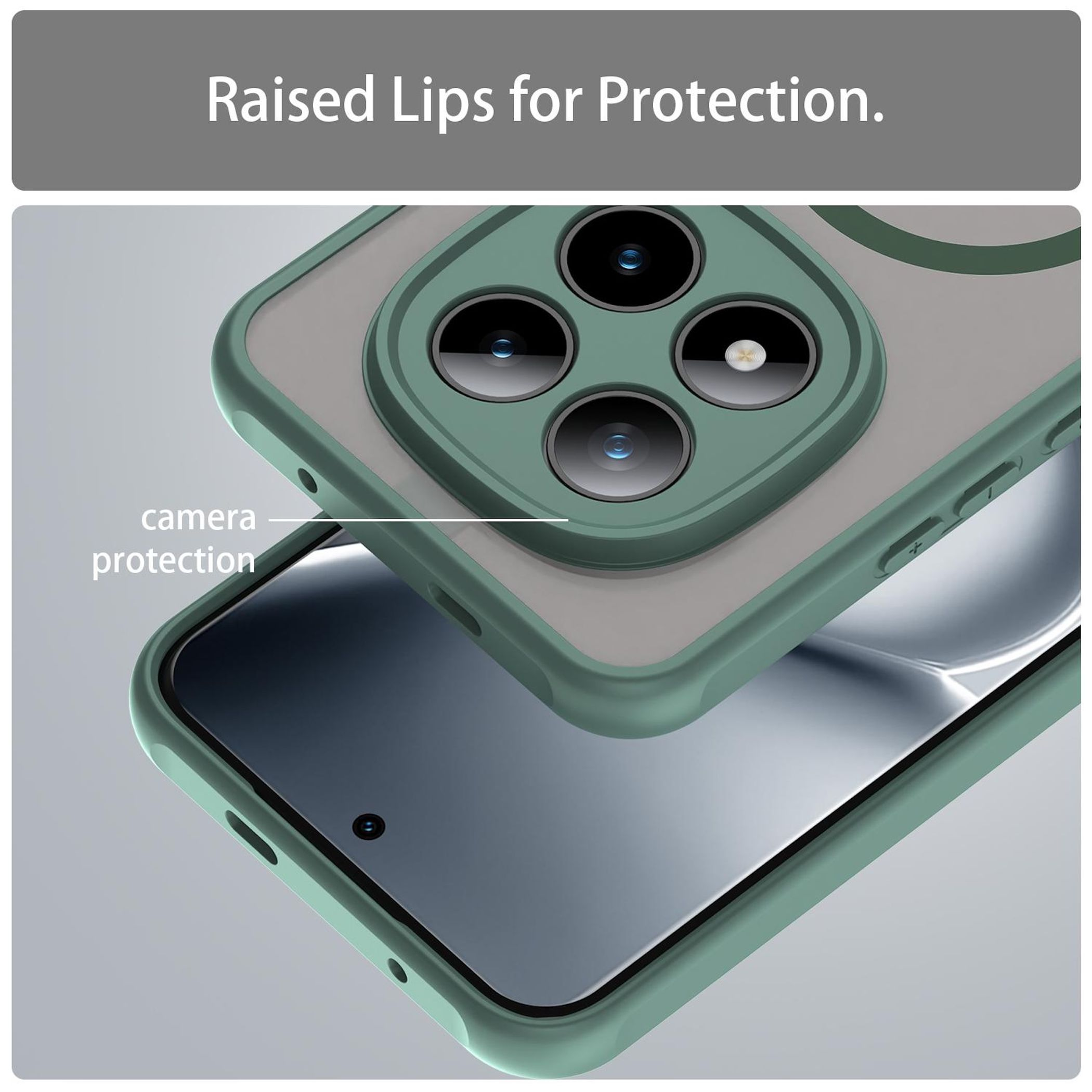 Ein grünes Handycase mit erhöhten Rändern schützt die Kamera.