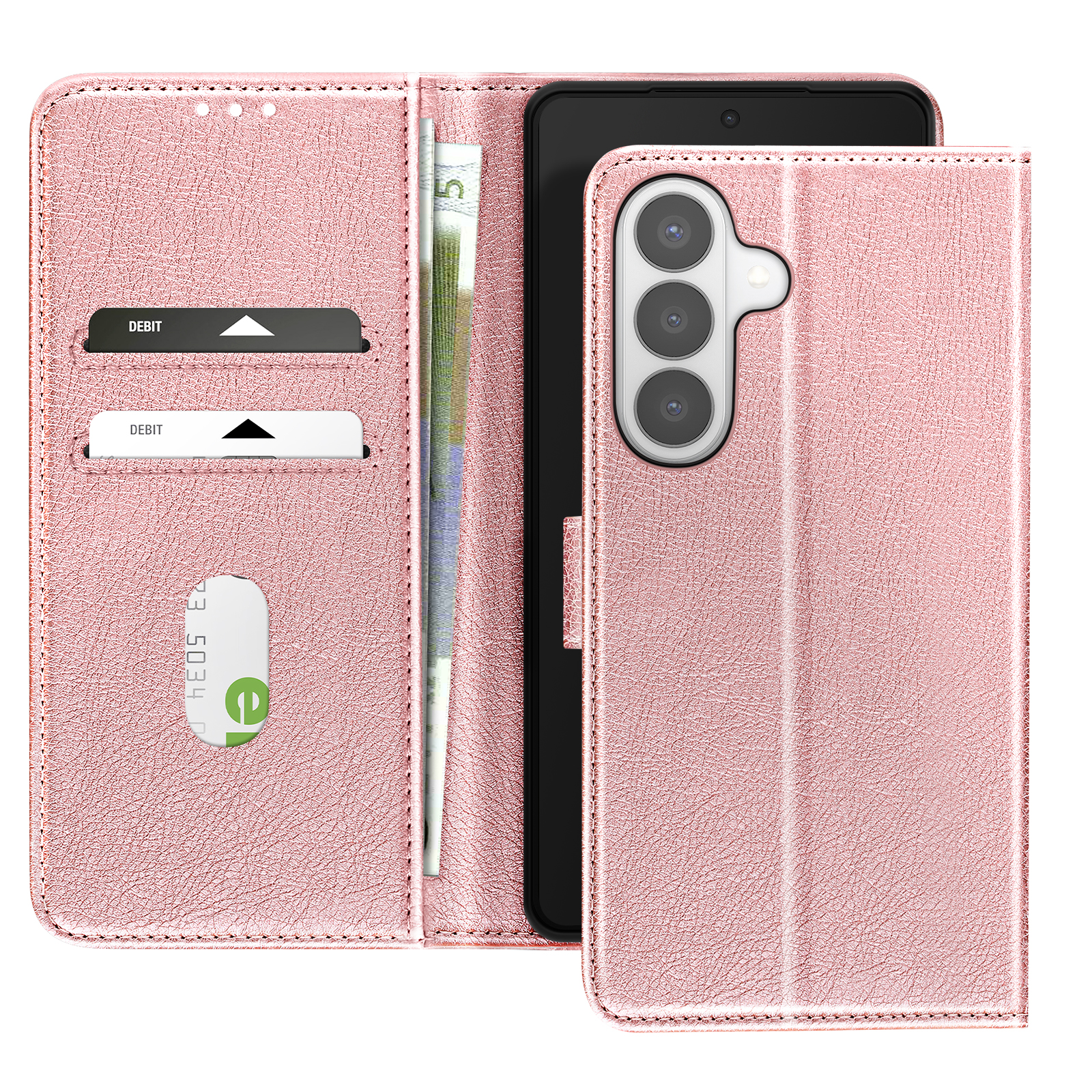 Custodia a portafoglio rosa per telefono con slot per carte, contanti e tre fotocamere.