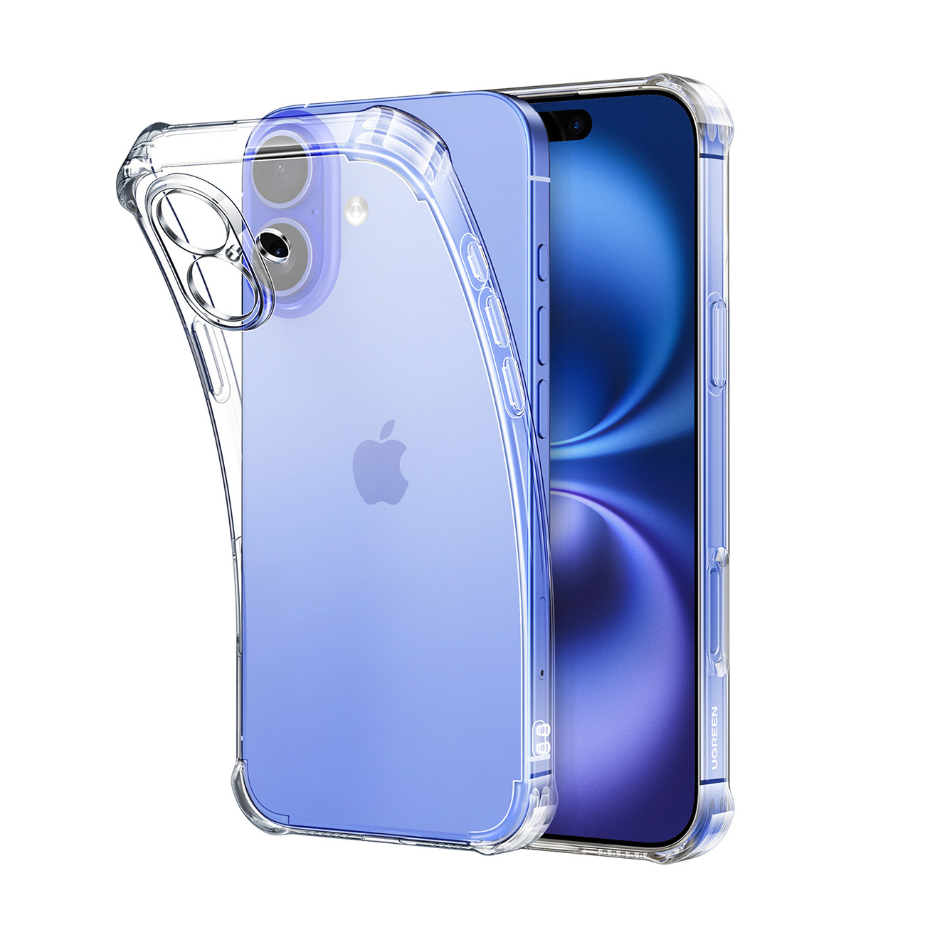 Przezroczyste etui na telefon na fioletowym iPhonie z pustym ekranem.