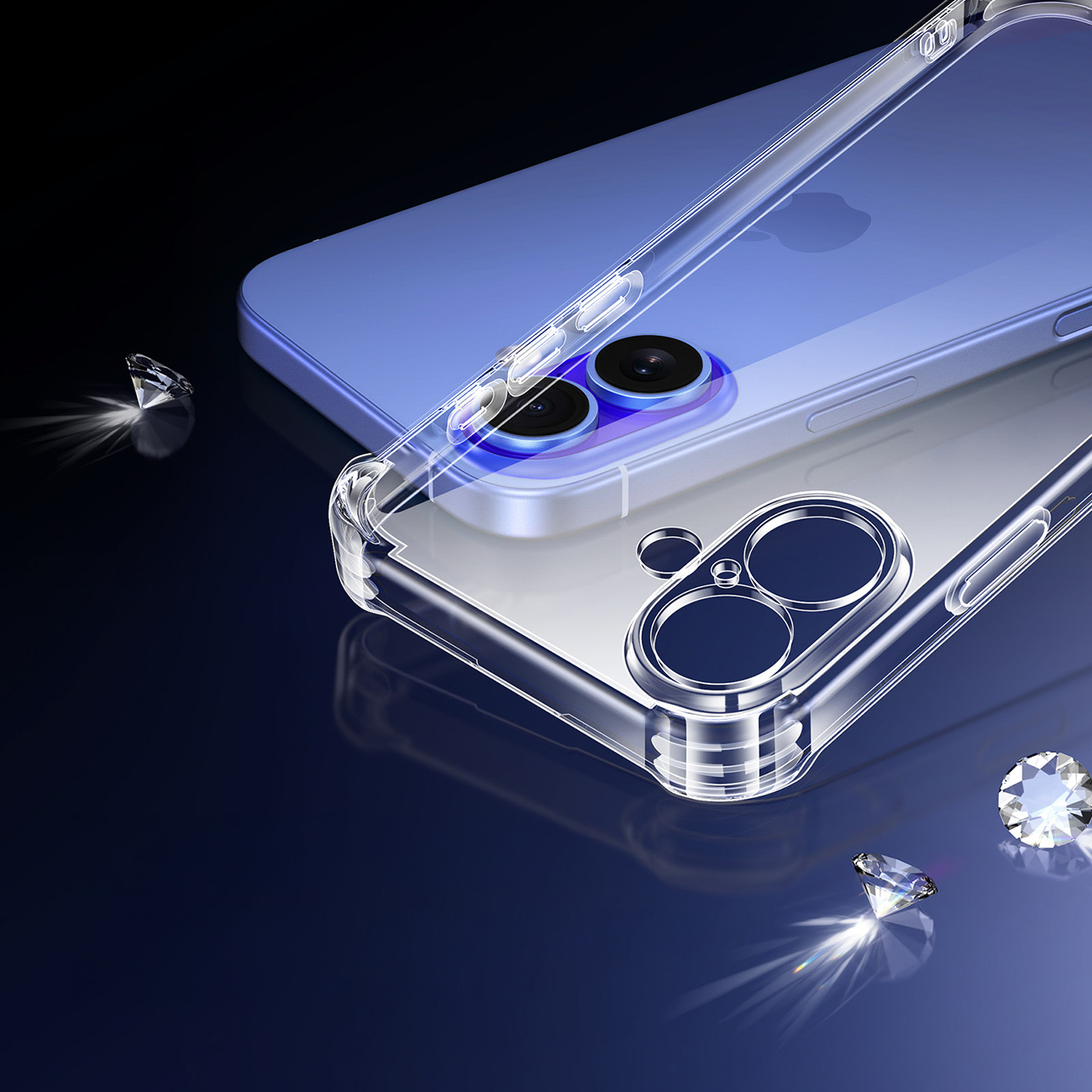 Przezroczyste etui na telefon na niebieskim telefonie z aparatami i diamentami.