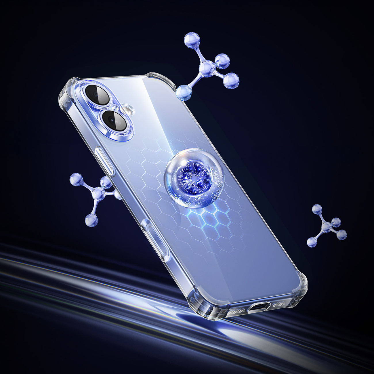 Przezroczyste etui na telefon z niebieskim wzorem molekularnym.