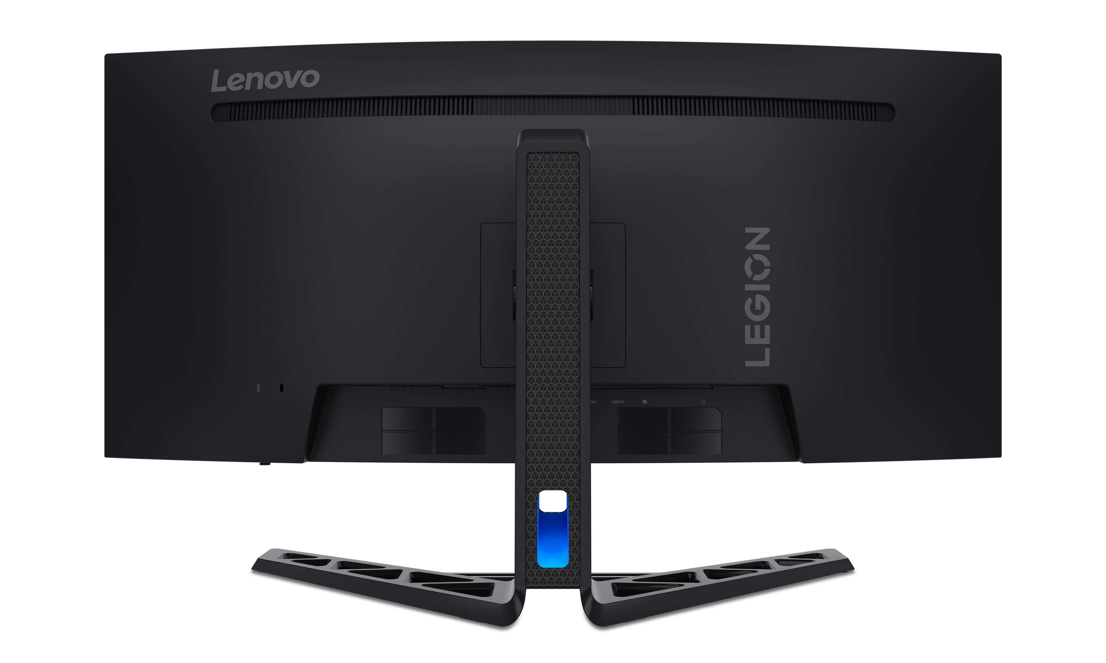 Standında mavi ışık vurgusu bulunan siyah Lenovo Legion monitörün arkası.