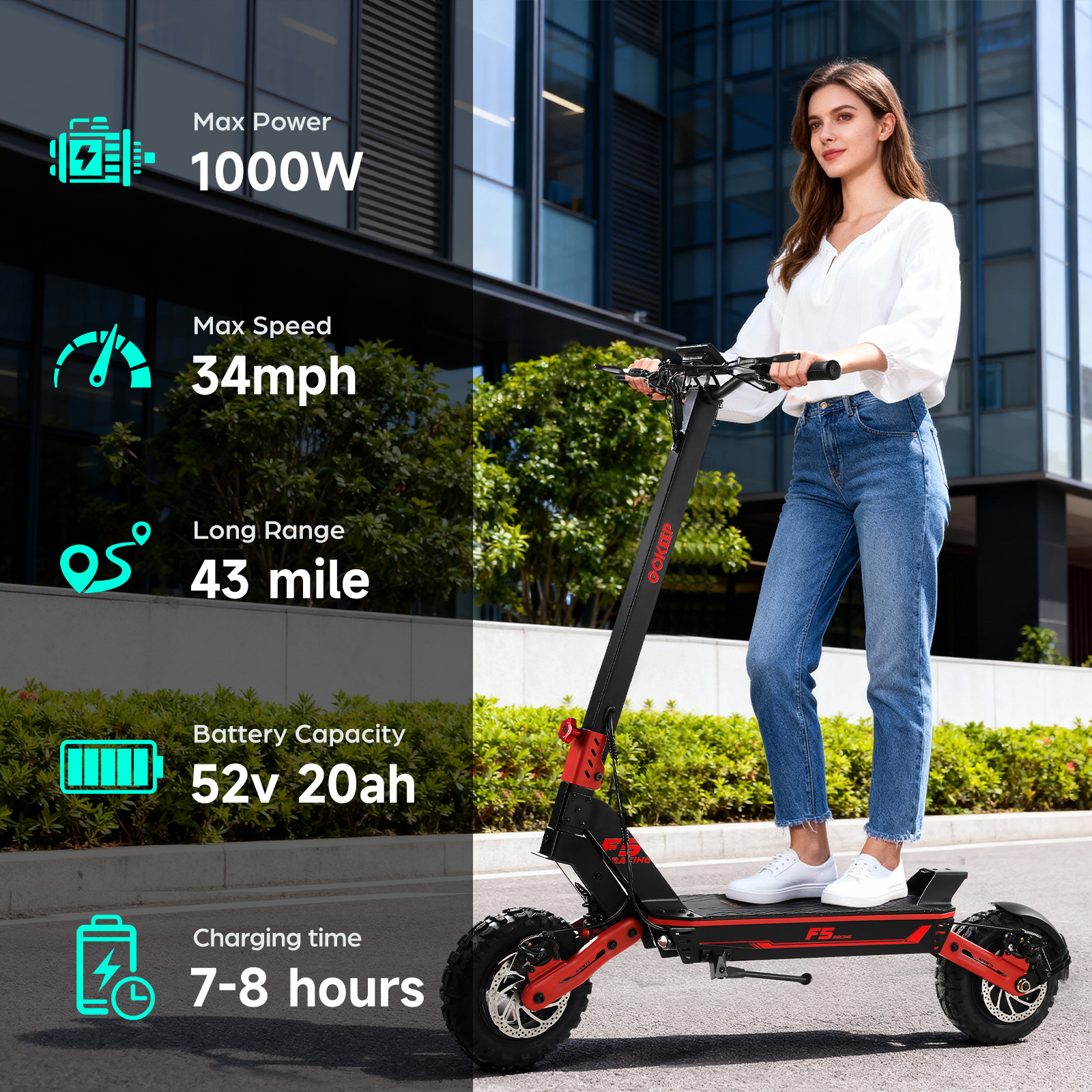 Frau auf einem E-Scooter mit Spezifikationen: 1000W, 55km/h, 69km Reichweite, 52V 20Ah.