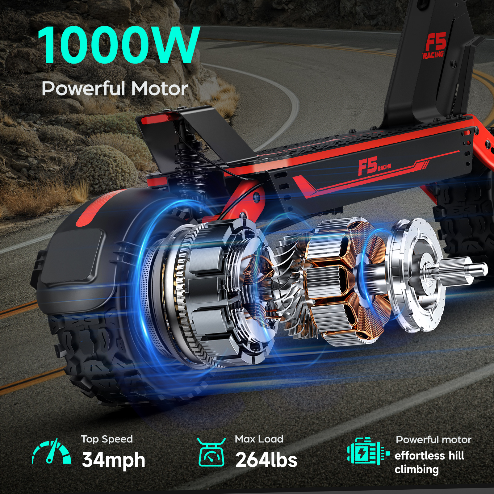 Ein roter und schwarzer Elektroroller mit sichtbarem Motor und 1000W Leistung.