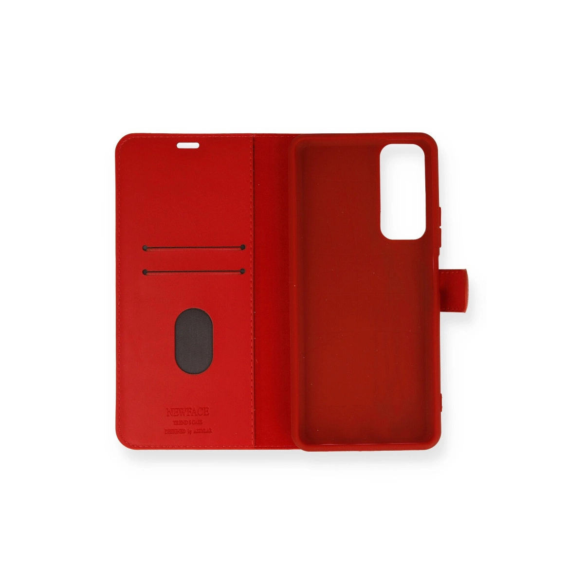 Kart yuvalı ve telefon yuvalı kırmızı telefon kılıfı.