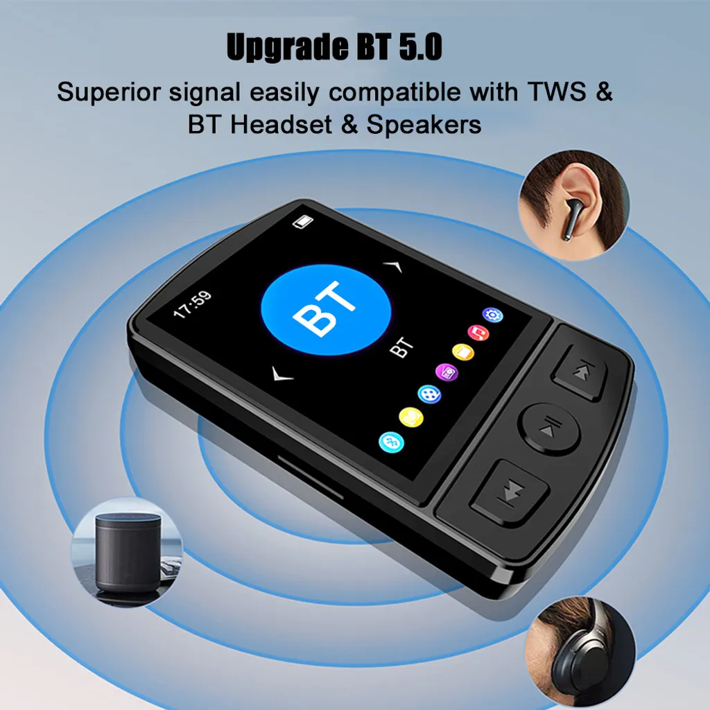 BT 5.0 Player mit Kopfhörern, Lautsprecher und TWS-Symbol.