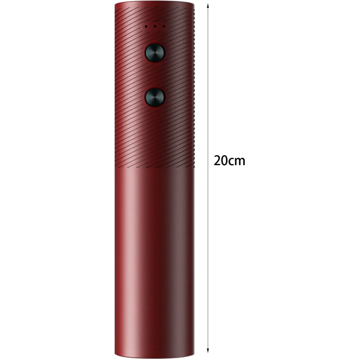 Eine rote, zylindrische Vorrichtung mit zwei Knöpfen und Ladeanzeige.