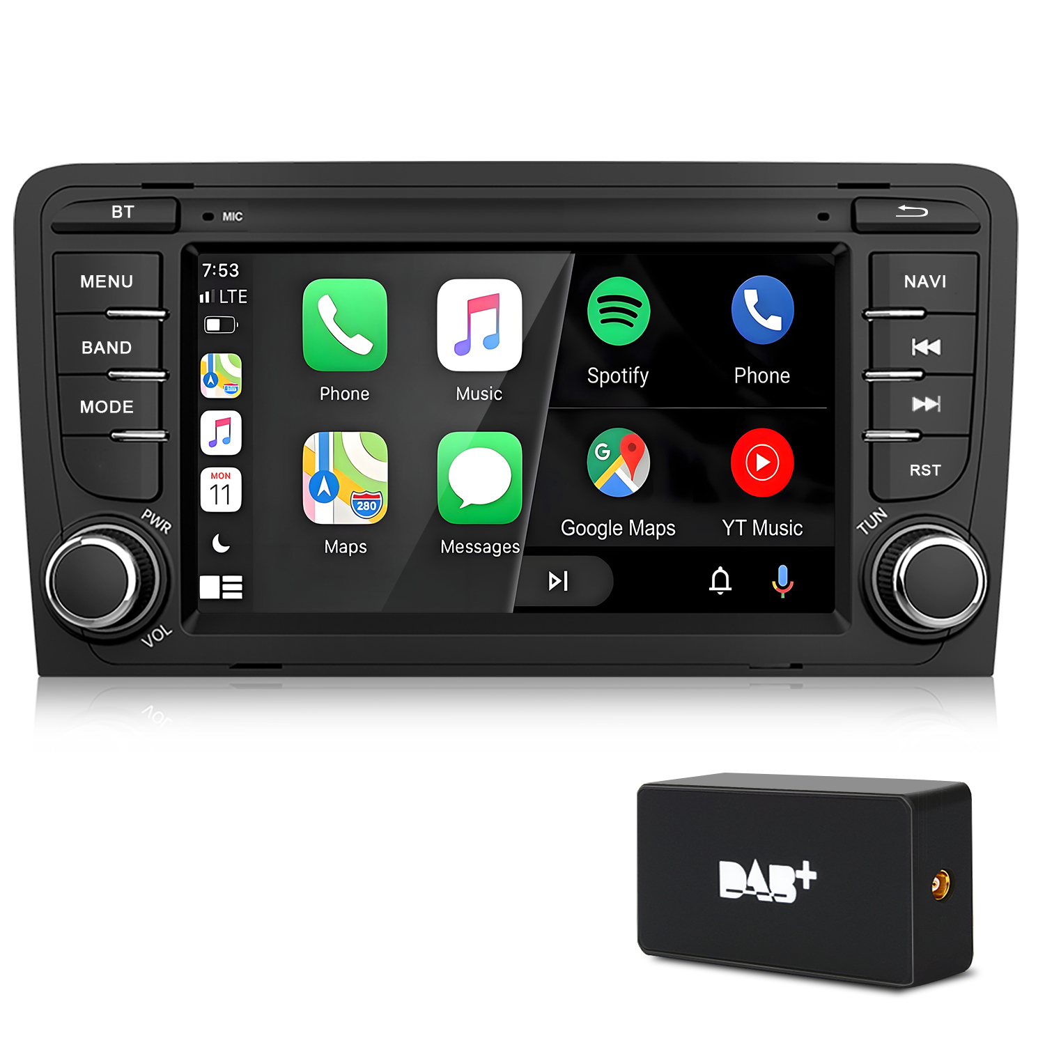 Autoradio mit Touchscreen und DAB+-Empfänger. Zeigt diverse Apps an.