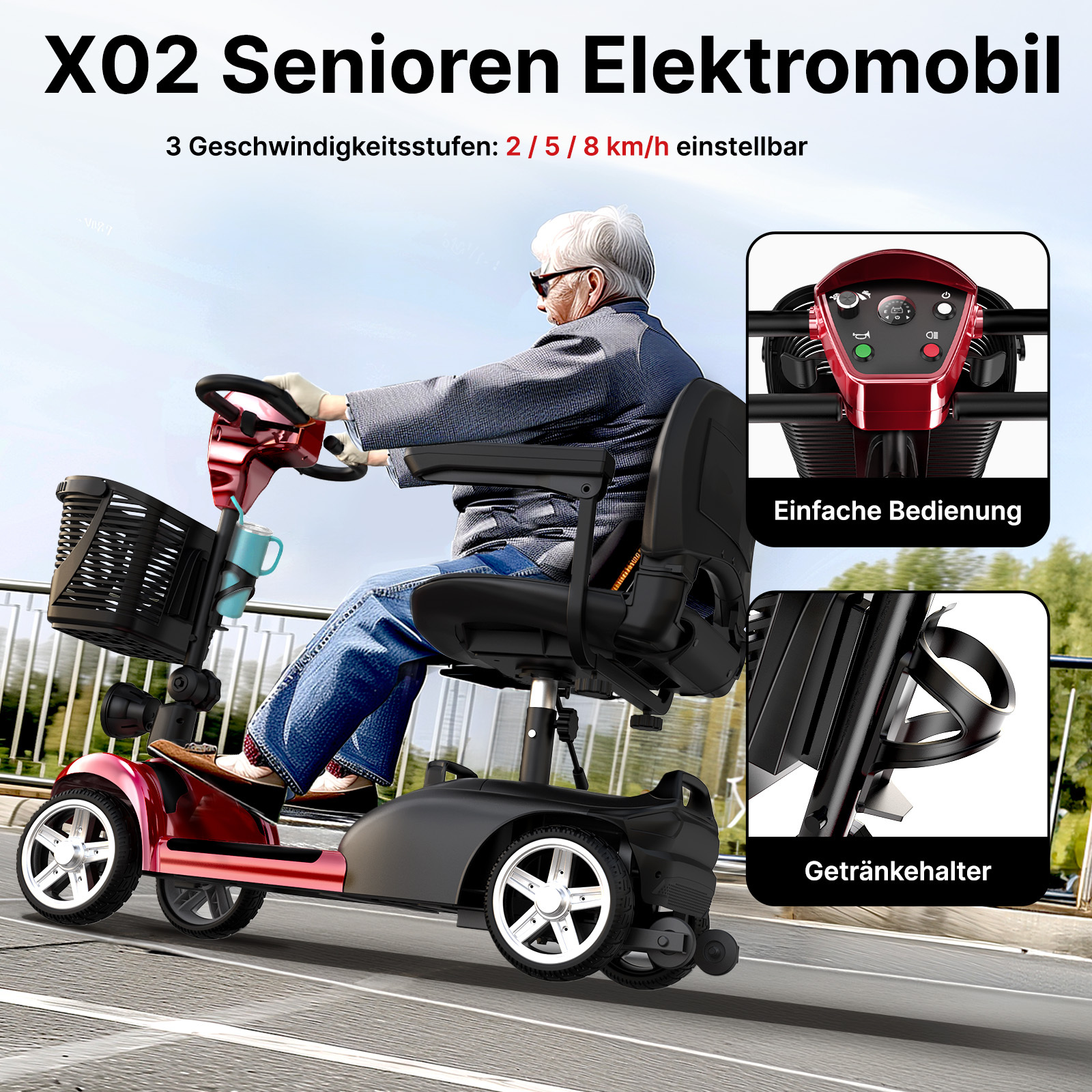 Osoba starsza prowadzi czerwony skuter elektryczny z koszem i uchwytem na kubek.