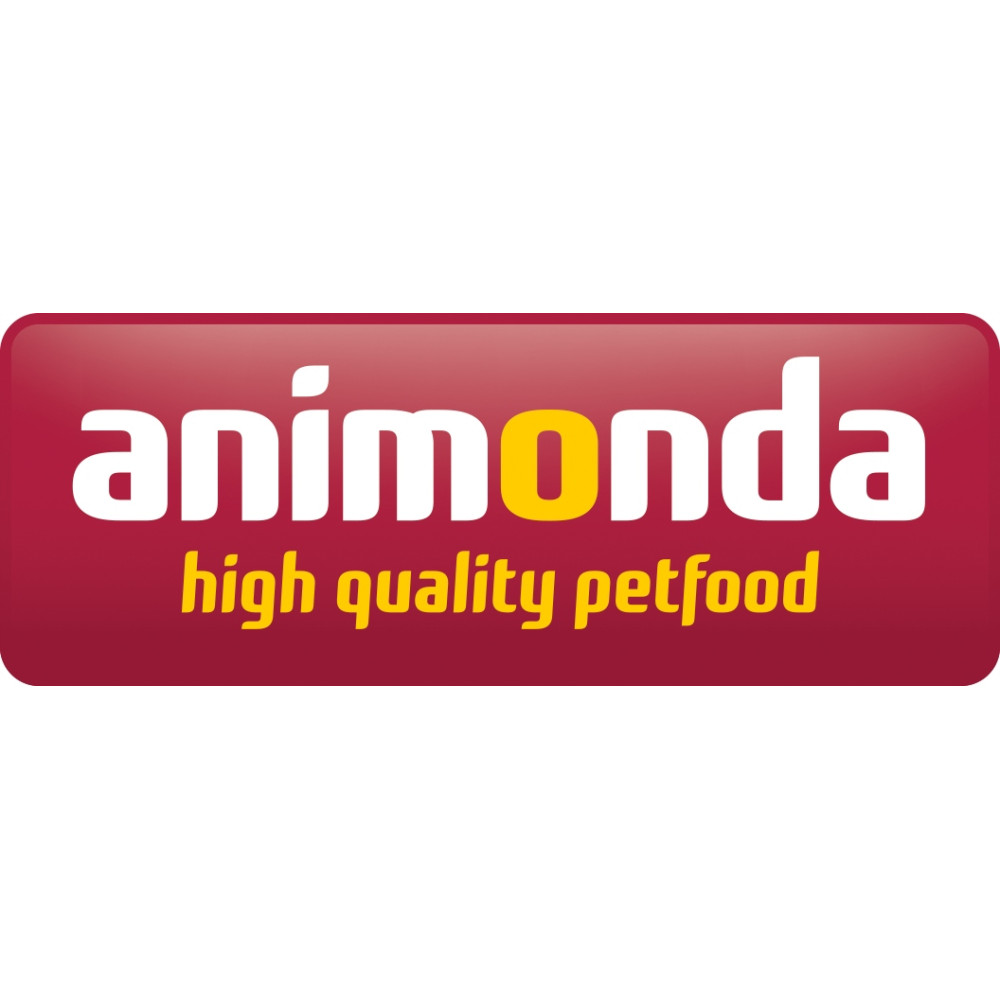 Animonda Logo: Weißer Schriftzug 'animonda' auf rotem Hintergrund mit gelbem 'o'. Darunter gelber Text: 'high quality petfood'.