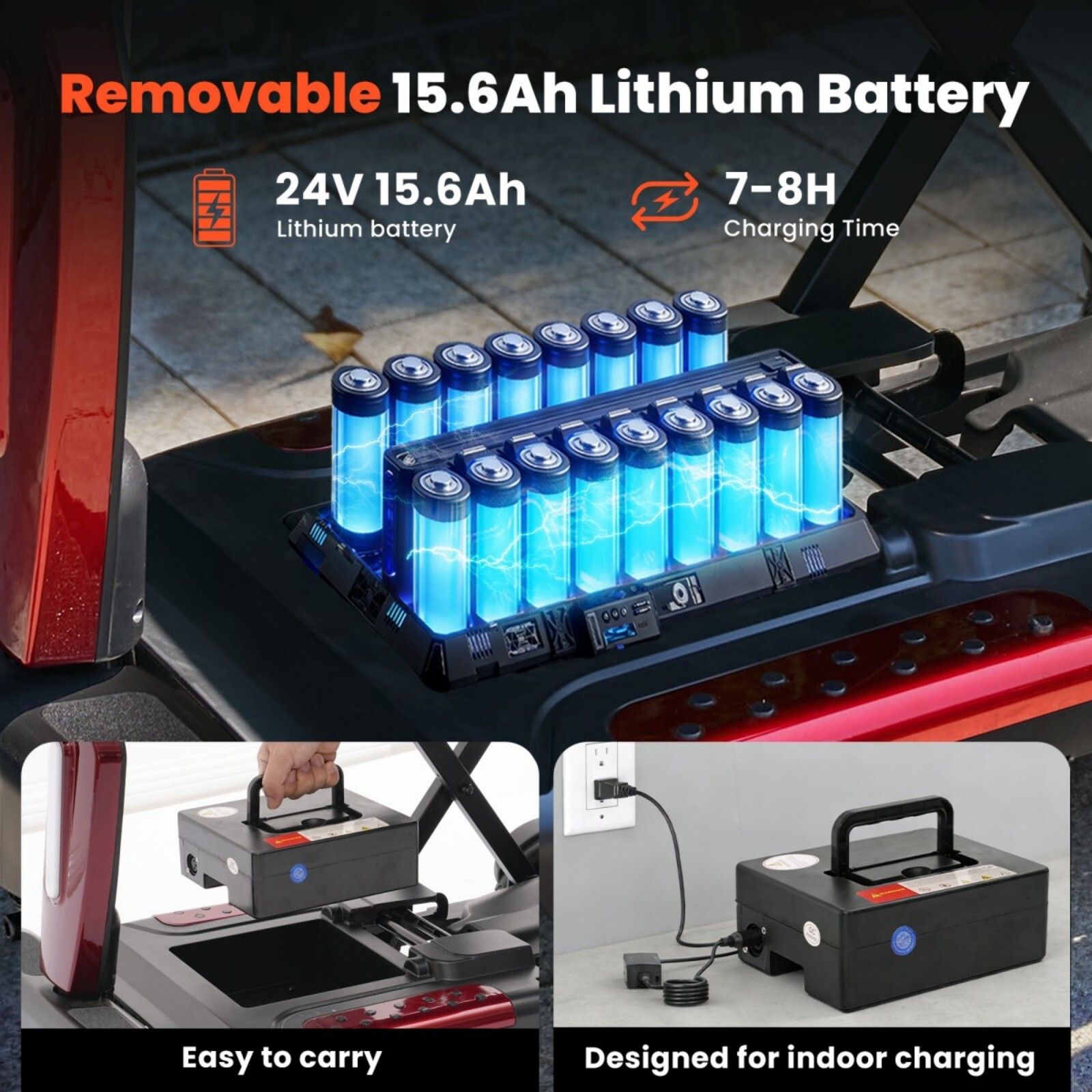 Wyjmowana bateria litowa 15,6 Ah, 24 V, czas ładowania 7-8 godzin.