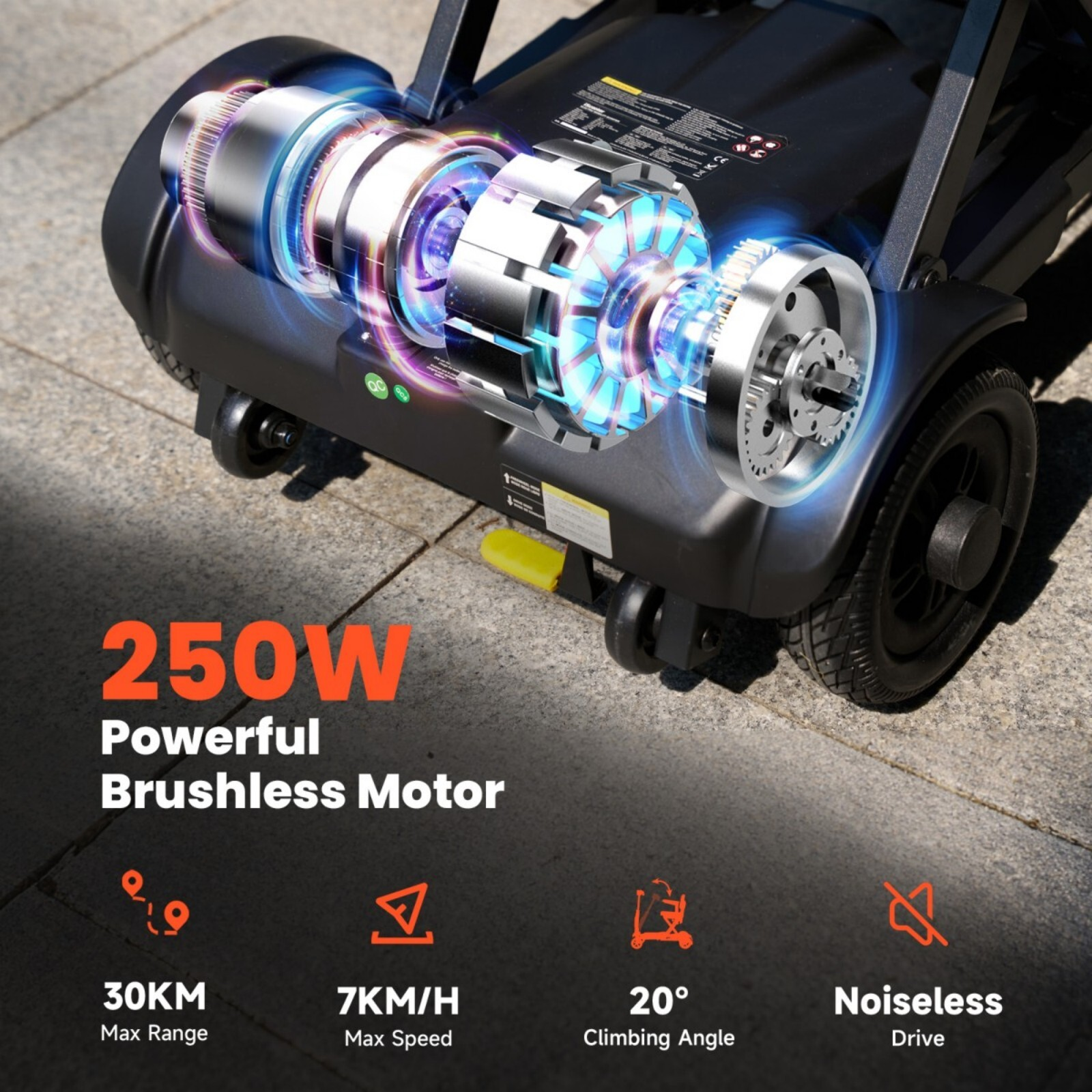 Silnik bezszczotkowy 250W, zasięg 30km, prędkość maks. 7km/h, kąt nachylenia 20°.
