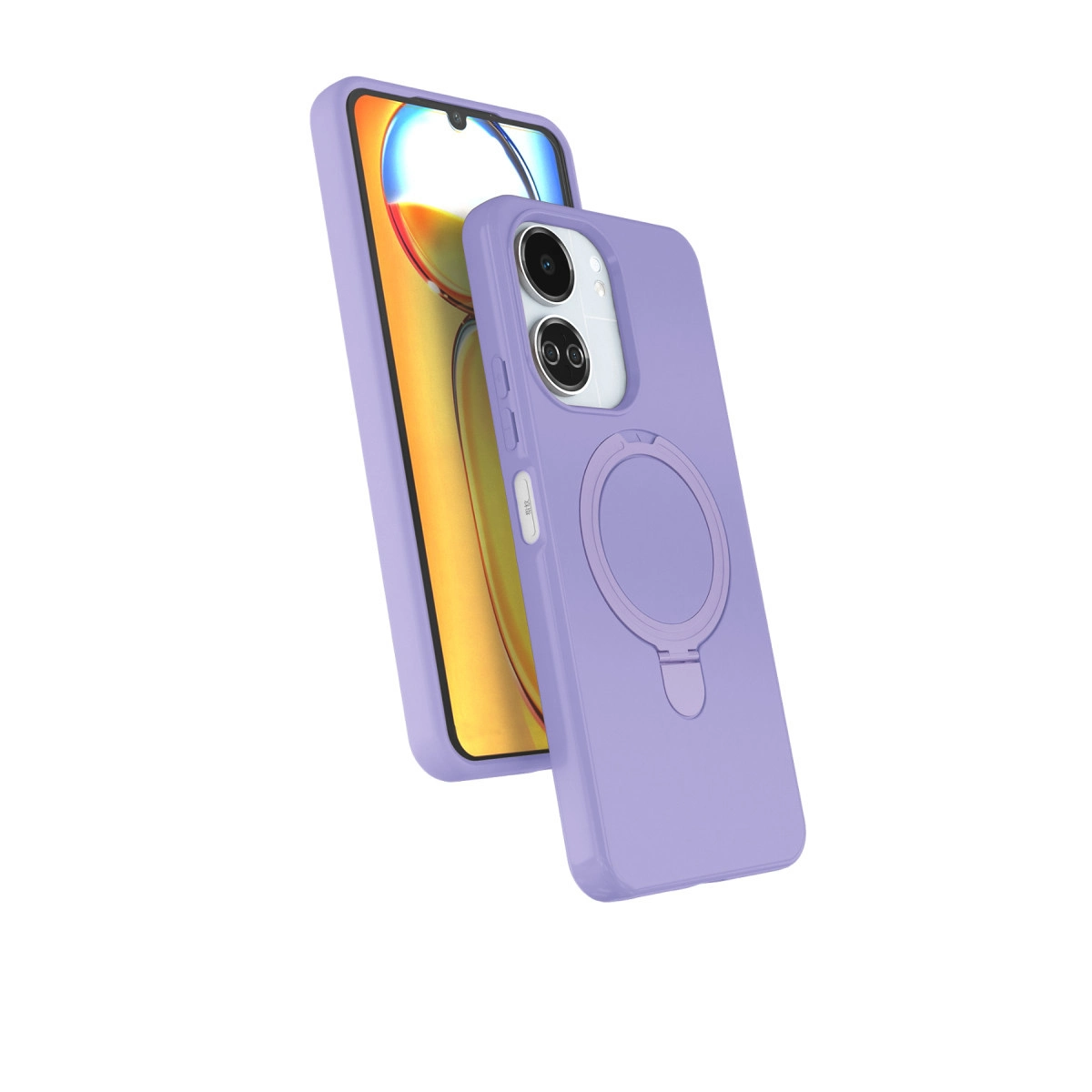 Sarı ekranlı akıllı telefonda halka tutuculu mor telefon kılıfı.