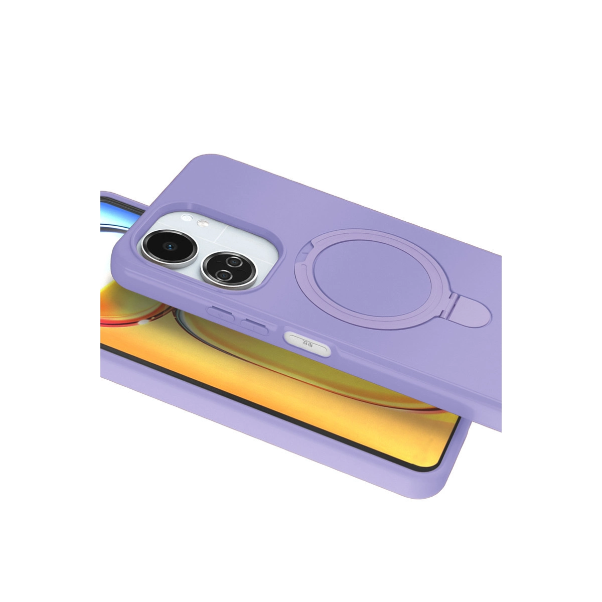 Telefonda halka tutuculu ve kamera kesimli mor telefon kılıfı.