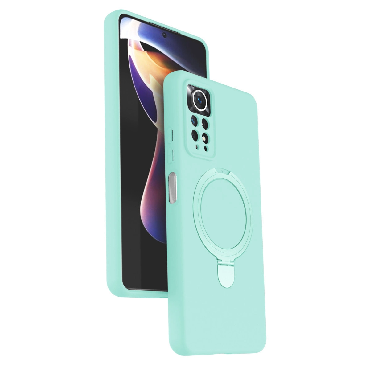 Halka tutuculu turkuaz telefon kılıfı, beyaz arka plan üzerinde.