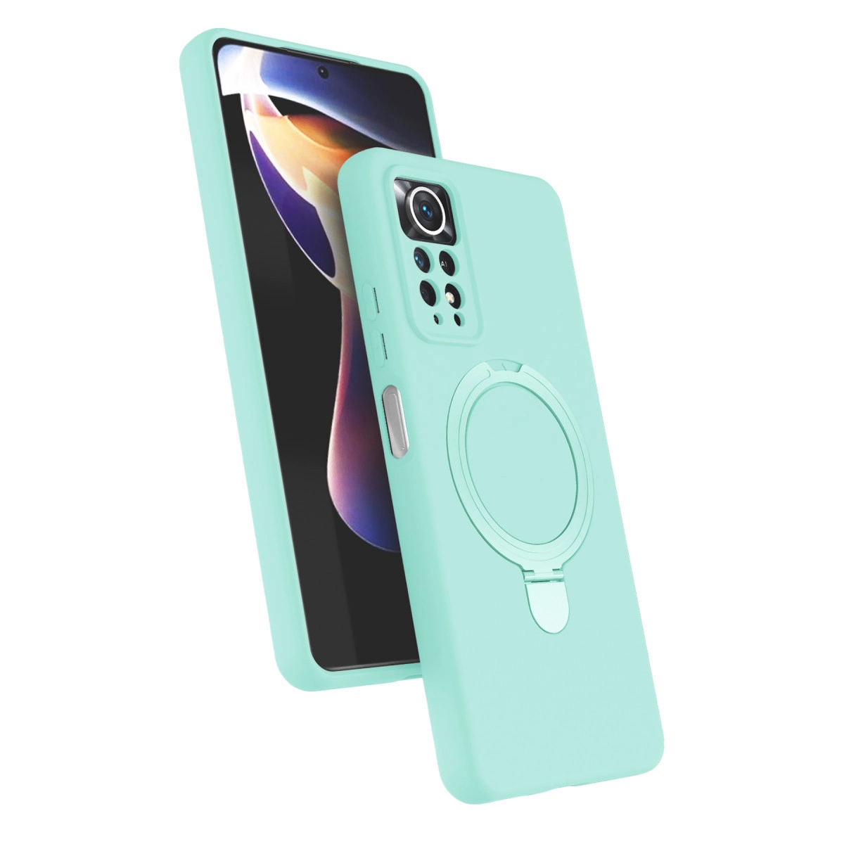 Arkada akıllı telefon bulunan, halka tutuculu turkuaz rengi telefon kılıfı.