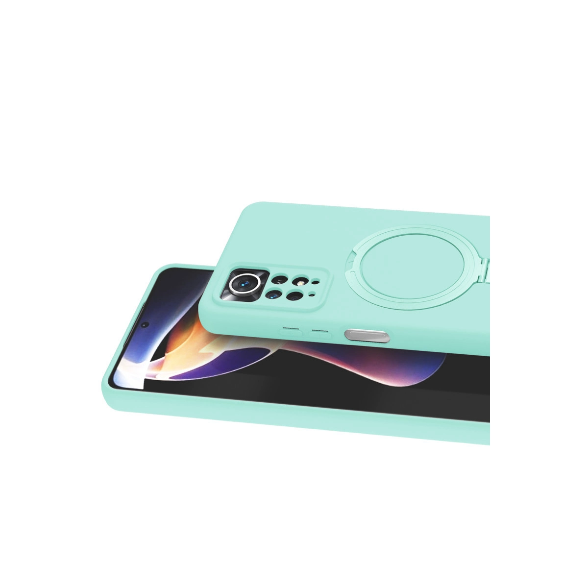 Telefonda halka tutuculu turkuaz telefon kılıfı.