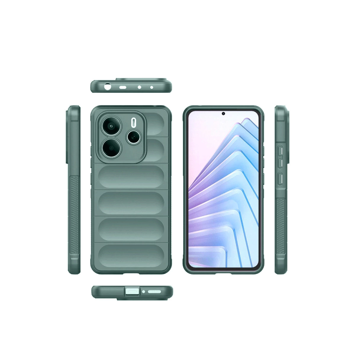 Kamera alanı ve arkası olan yeşil telefon kılıfı, birden fazla görünüm.