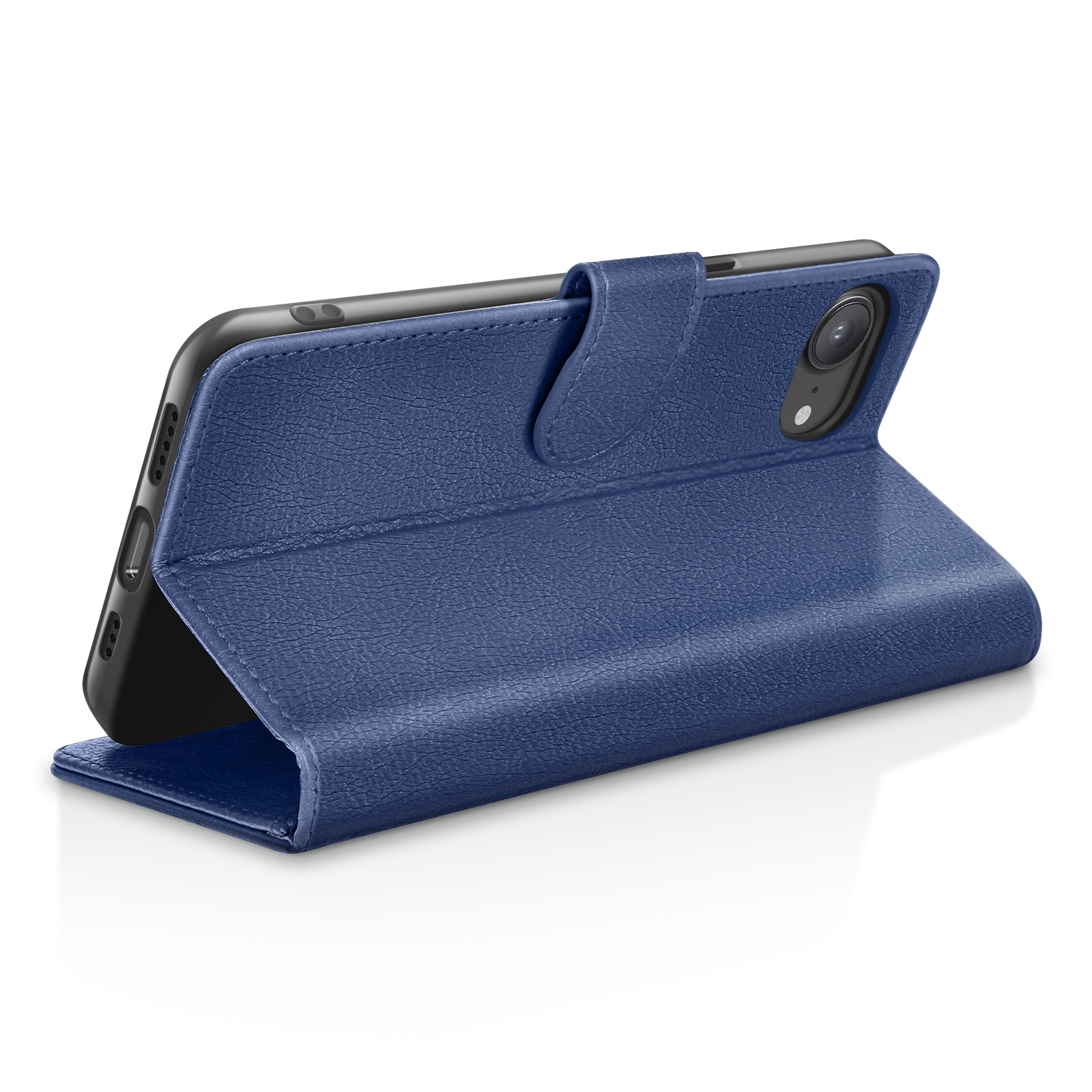 Blauw kunstleren telefoonhoesje open, met telefoon erin.