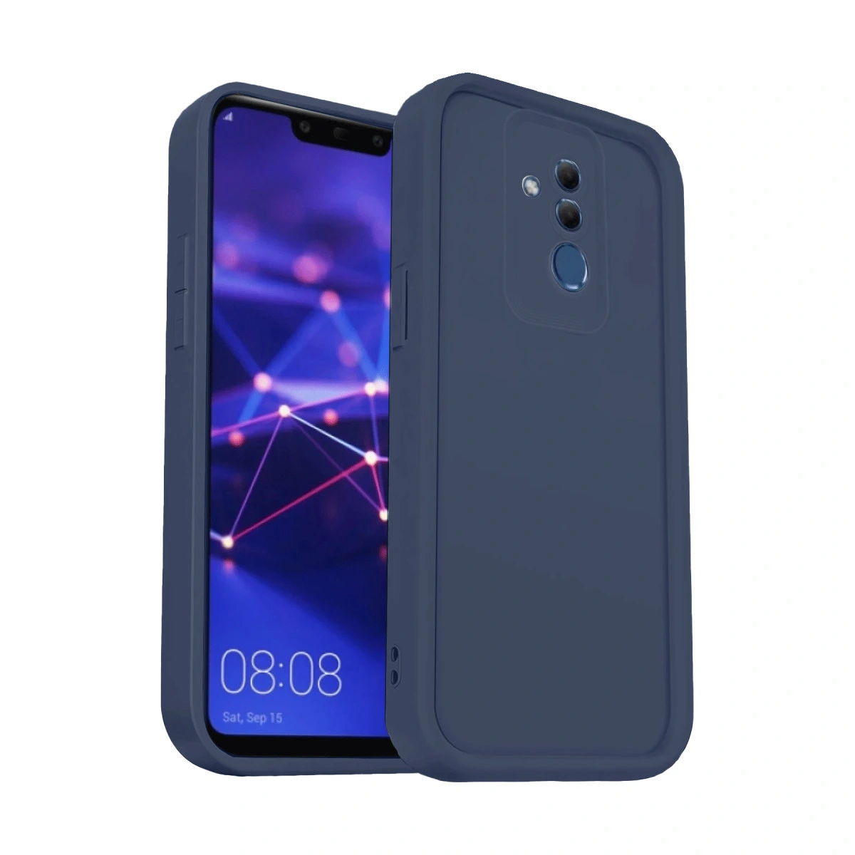 Akıllı telefonlu lacivert kılıf. Telefonun arkası görünür.