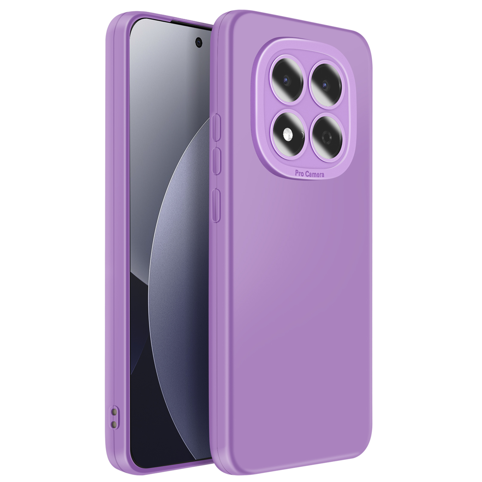 Coque de téléphone violette avec quadruple appareil photo et inscription "Pro Camera".