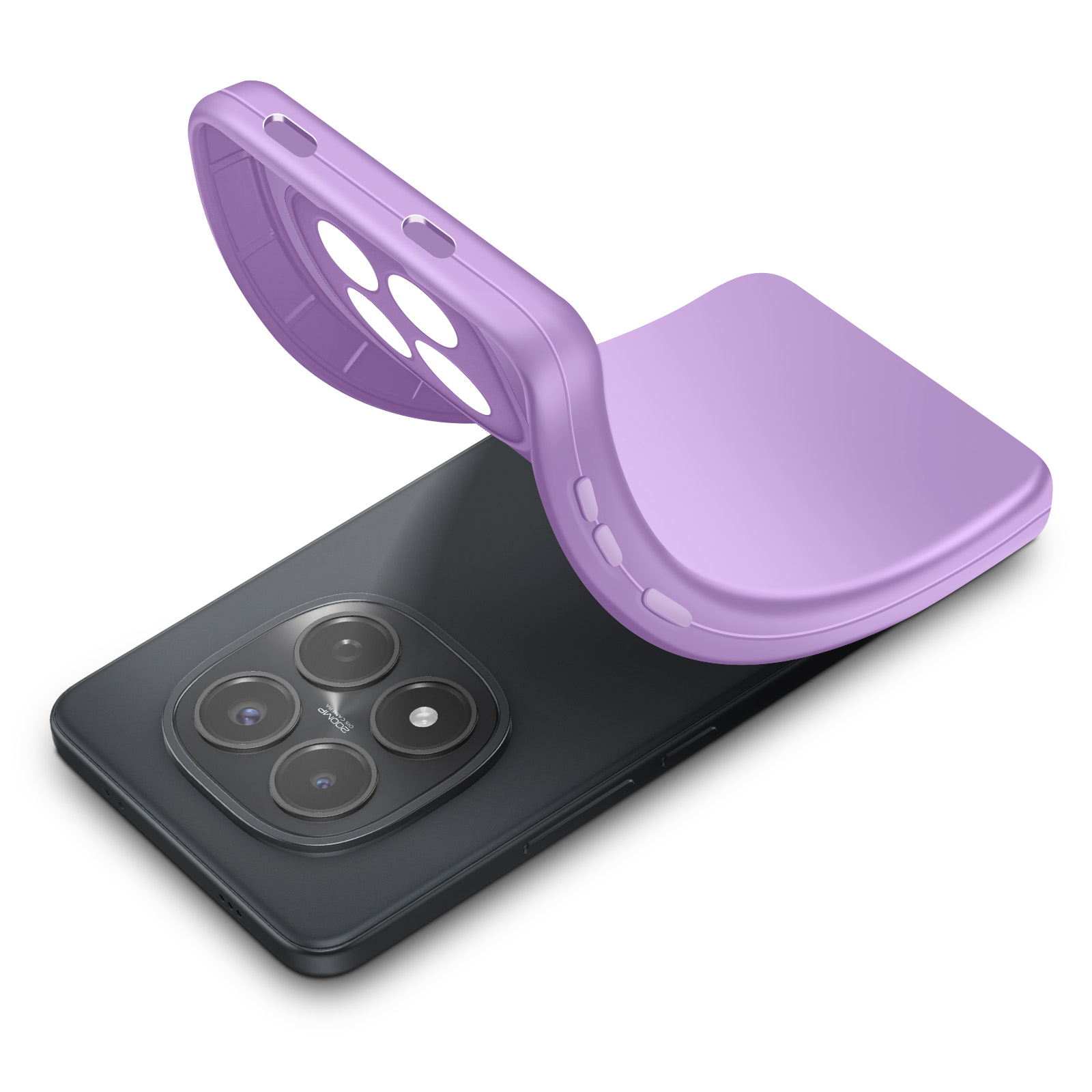 Un étui de téléphone violet repose sur un smartphone noir.