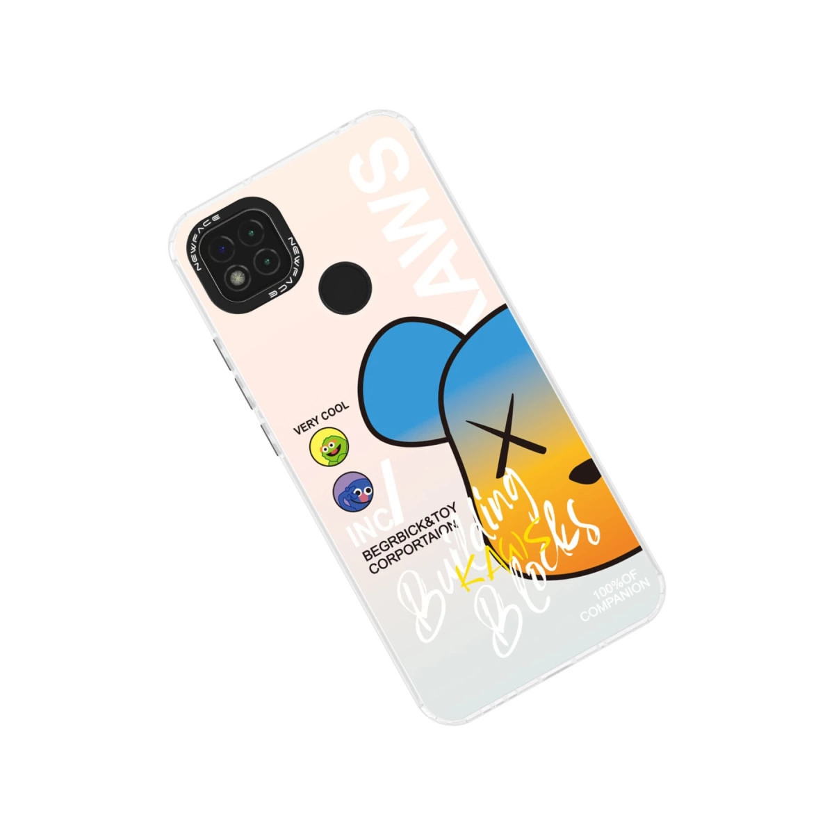 KAWS karakter tasarımlı telefon kılıfı, şeftali arka plan ve yazı.
