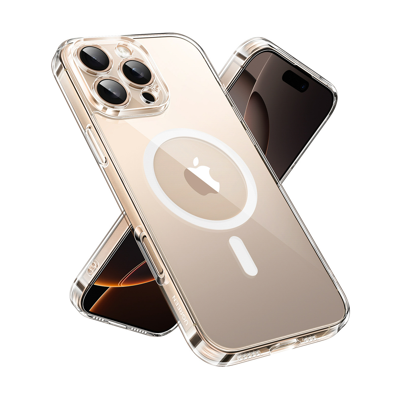 Przezroczyste etui z logo Apple na iPhonie z aparatami.