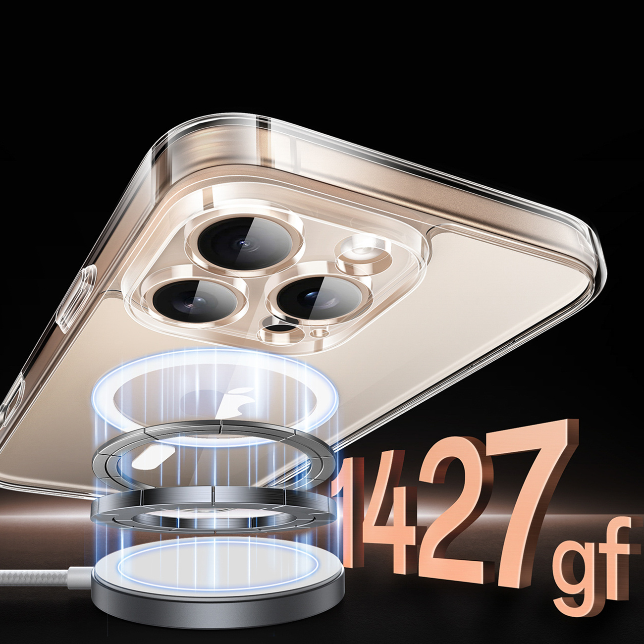 Przezroczyste etui na telefon z pierścieniem magnetycznym, ładowanie bezprzewodowe. "1427 gf".