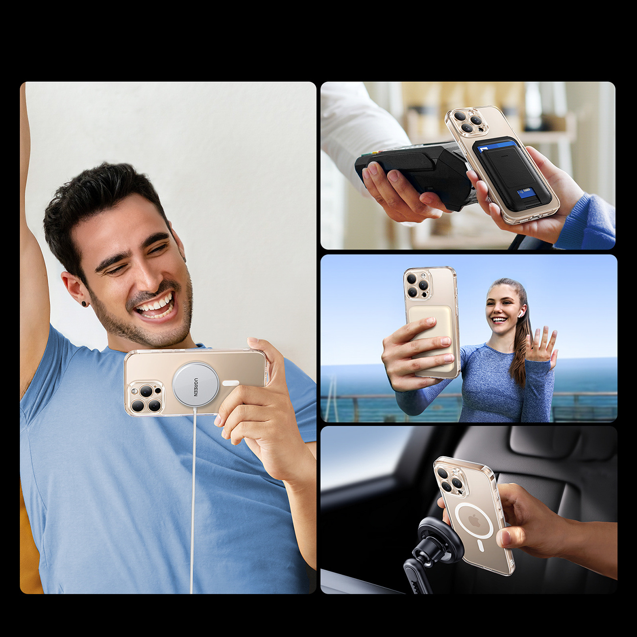 Mężczyzna śmieje się, trzymając telefon z ładowarką MagSafe. Góra: płatność telefonem, selfie nad morzem, telefon w aucie.