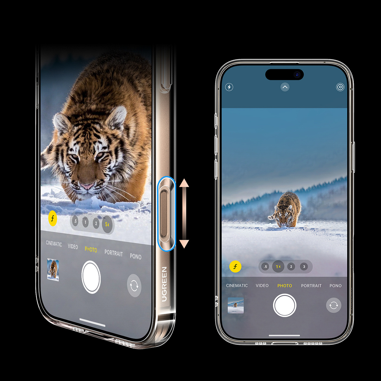 Dwa iPhone pokazują tygrysa na śniegu. Jeden ekran pokazuje opcje zoom.