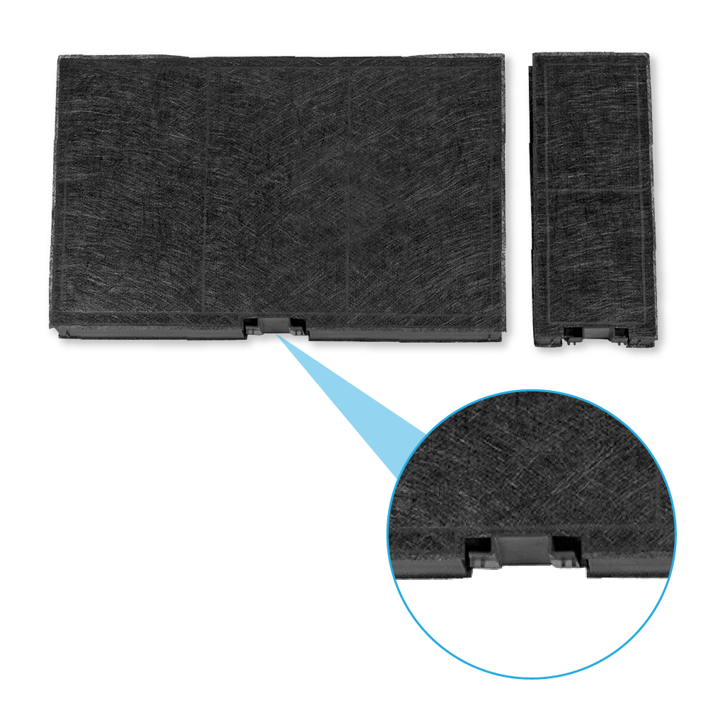 Zwei schwarze Aktivkohlefilter mit Clips. Zoom zeigt Verbindungsdetails.