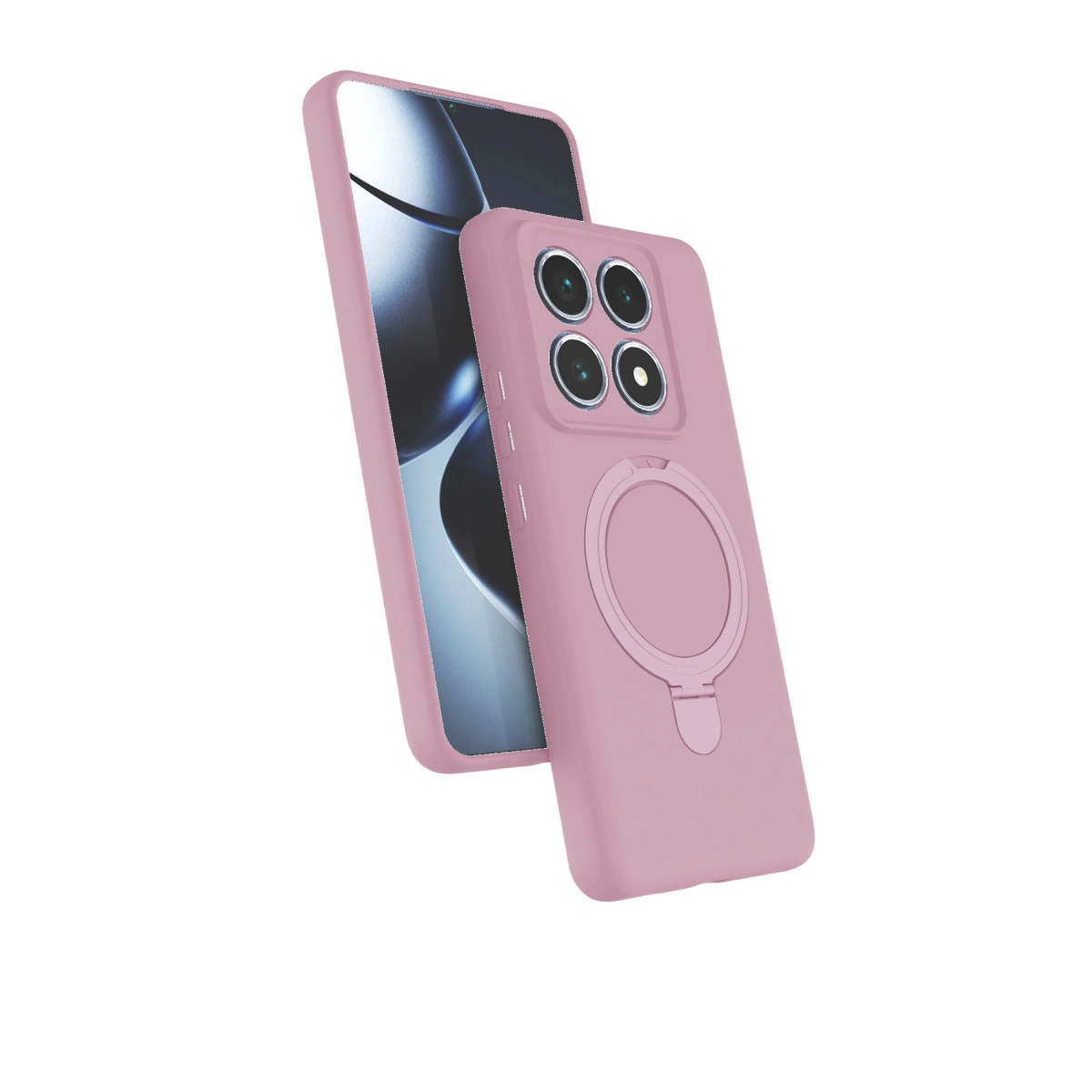 Halka tutuculu ve dört kamera lensli pembe telefon kılıfı.