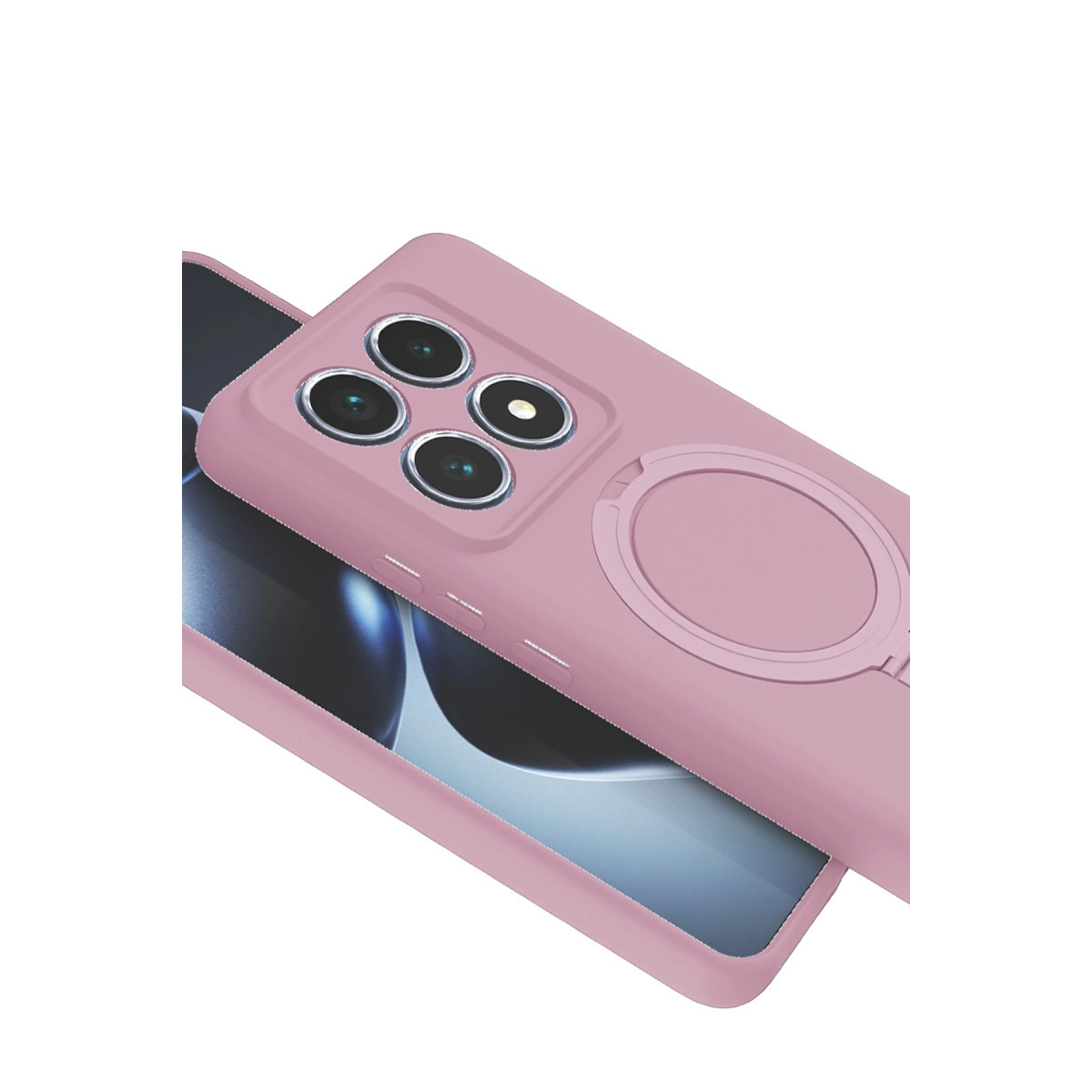 Dört kameralı ve halka tutuculu pembe telefon kılıfı.