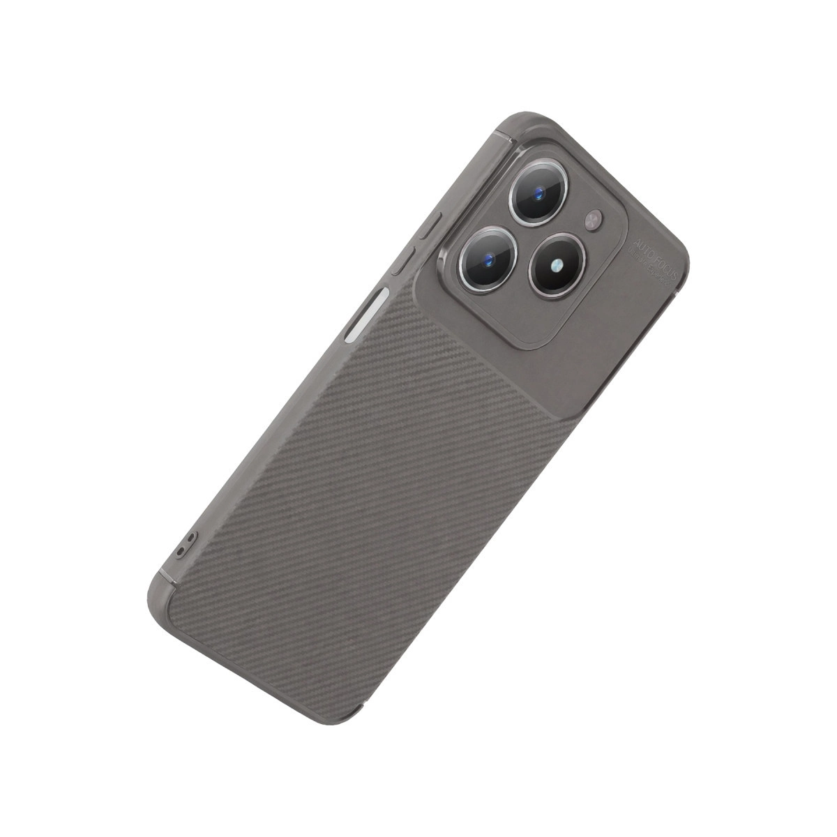 Üçlü kameraya ve karbon dokuya sahip gri telefon kılıfı.