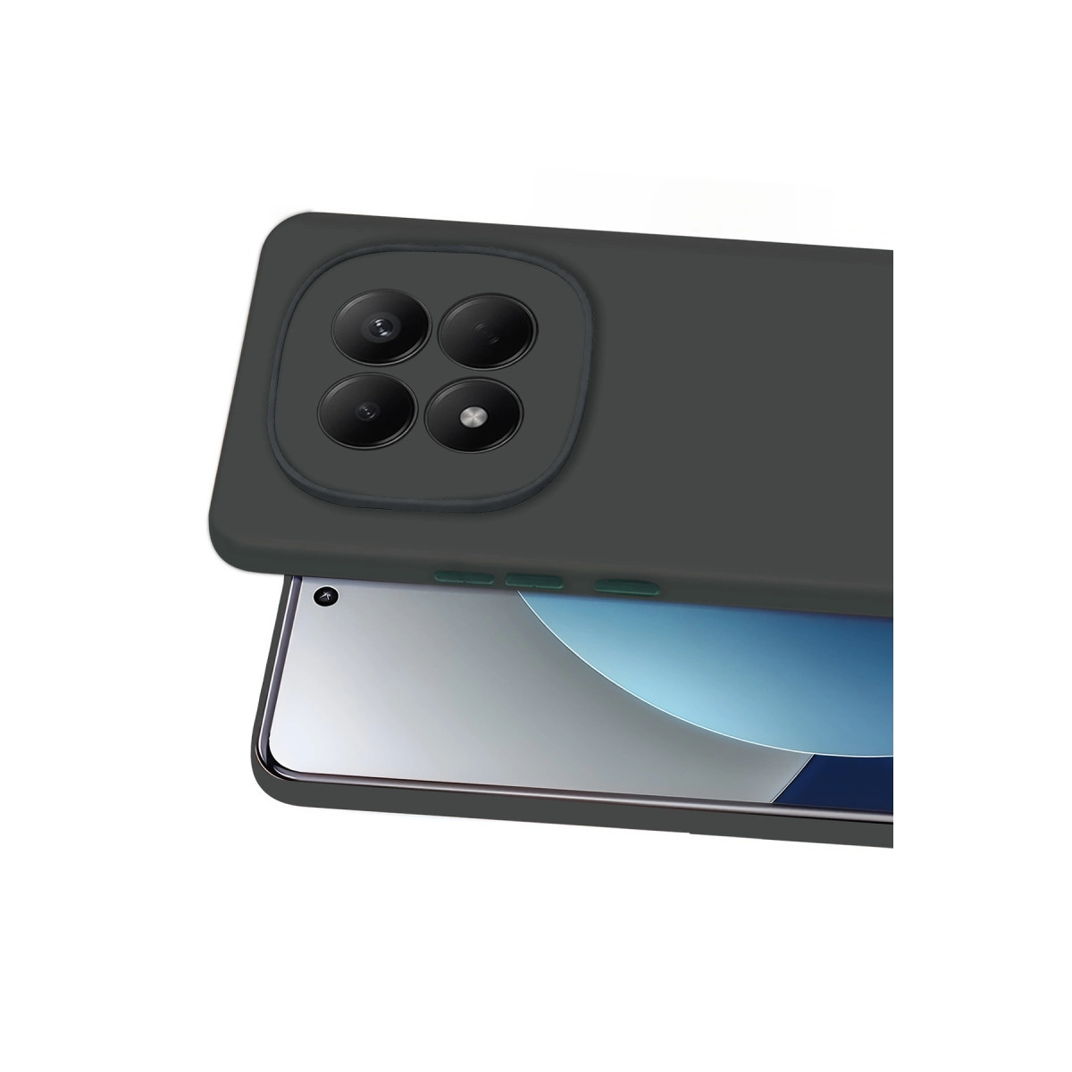 Arkada dört kamera lensi olan koyu gri telefon kılıfı, bir akıllı telefon üzerinde.