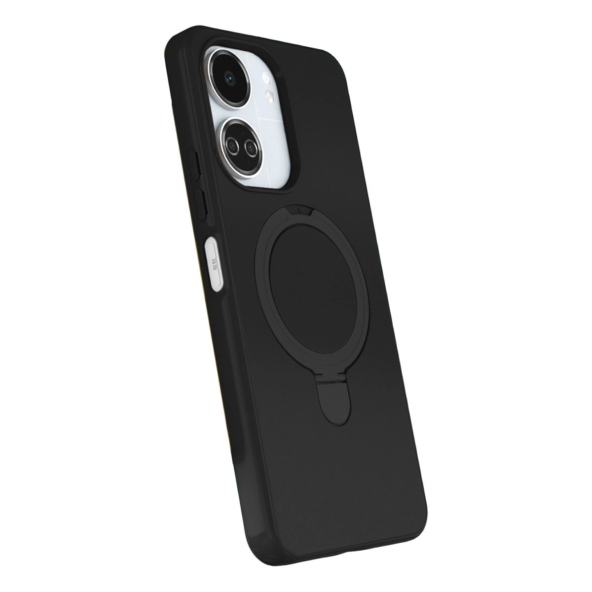 Beyaz arka plan üzerinde halka tutuculu ve kamera çıkıntılı siyah telefon kılıfı.