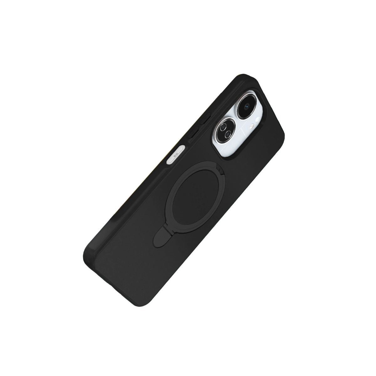 Halka tutuculu ve kamera kesimli siyah telefon kılıfı.