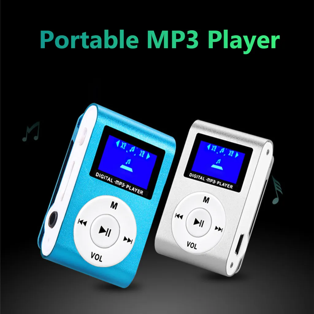 Zwei tragbare MP3-Player, einer blau, einer silber, mit Bildschirmen und Bedienelementen.